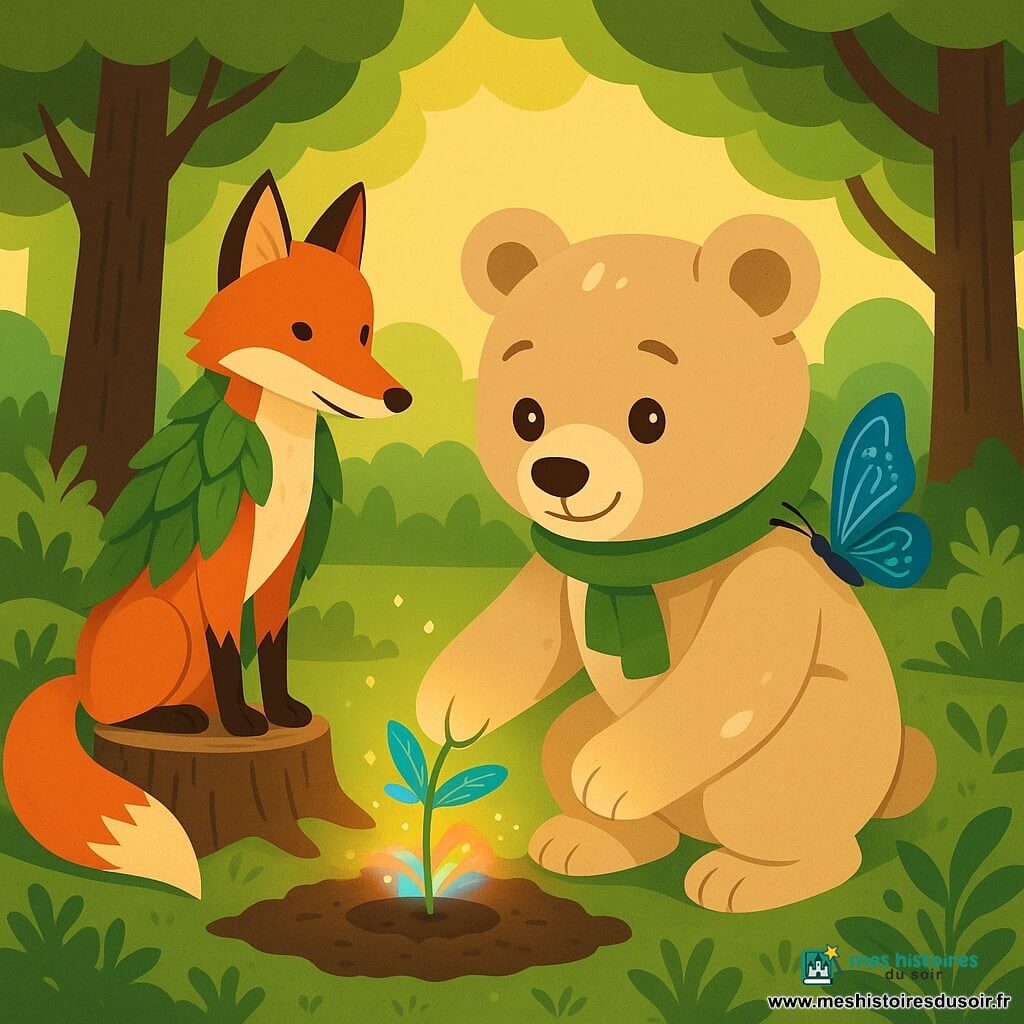 Brume, un grand ours en peluche beige crème aux yeux brillants et petite écharpe verte, accroupi pour planter une graine lumineuse qui germe instantanément en une petite plante irisée émettant une lueur arc‑en‑ciel et des fleurs colorées ; le Gardien des Équilibres, un renard élégant au pelage roux et cape de feuilles, l'observe avec bienveillance depuis une souche, un papillon bleu aux motifs argentés vole au-dessus, le tout dans une clairière d'herbes et mousses entourée de grands chênes, ambiance chaude et contrastée, rendu plat, formes simples et contours nets.