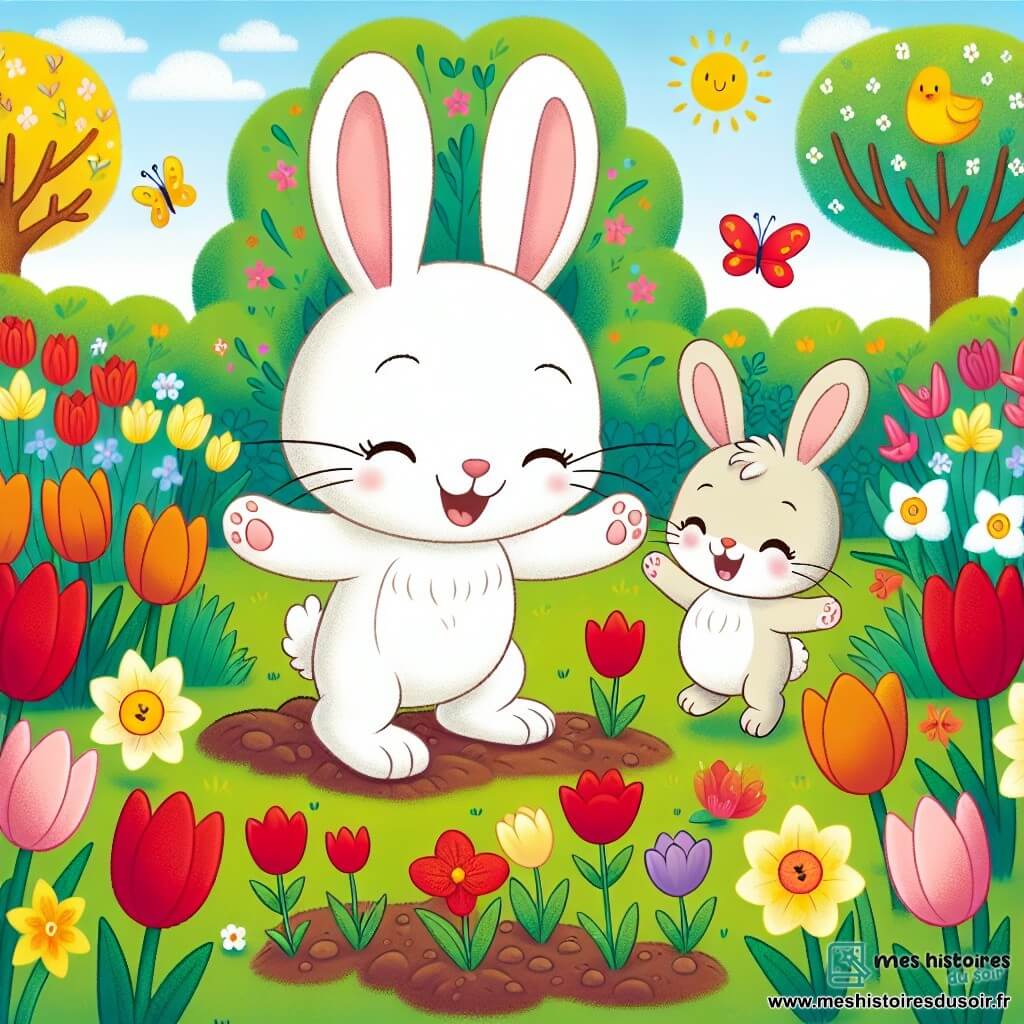 Un petit lapin nommé Léo, avec un pelage blanc et de grandes oreilles, saute joyeusement dans un jardin coloré, ses yeux pétillants de bonheur. Il est entouré de fleurs éclatantes : des tulipes rouges et des jonquilles jaunes sous le doux soleil printanier. Sa maman, une lapine douce avec un pelage brun clair, se tient à côté de lui, prête à l'enlacer. Elle regarde Léo avec tendresse. Le jardin est un tableau de printemps, avec des arbres en fleurs, des papillons et une pelouse verdoyante. Léo et sa maman plantent des graines dans la terre, symbolisant le début d'une nouvelle aventure dans la nature.