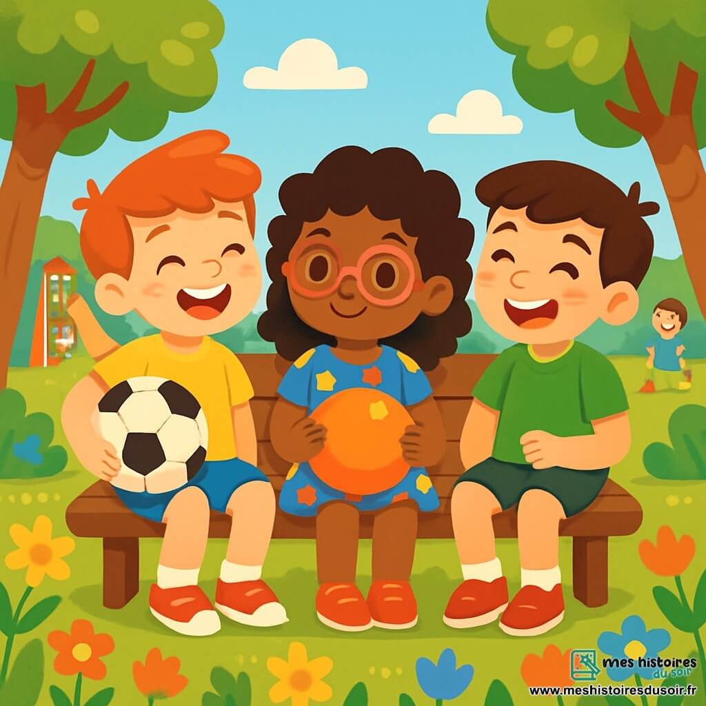 Trois personnages sont présents : Tom, un garçon de 8 ans aux cheveux roux et taches de rousseur, souriant avec un ballon de football ; Léo, également âgé de 8 ans, aux cheveux bruns, riant avec Tom et regardant Mia ; et Mia, une fille de 7 ans aux cheveux bouclés et lunettes roses, souriant timidement avec un ballon. La scène se déroule dans un parc ensoleillé, rempli de fleurs et entouré d'arbres, où les enfants jouent. Tom, Léo et Mia s'amusent ensemble, créant une atmosphère joyeuse et amicale, symbole de tolérance et d'acceptation des différences.