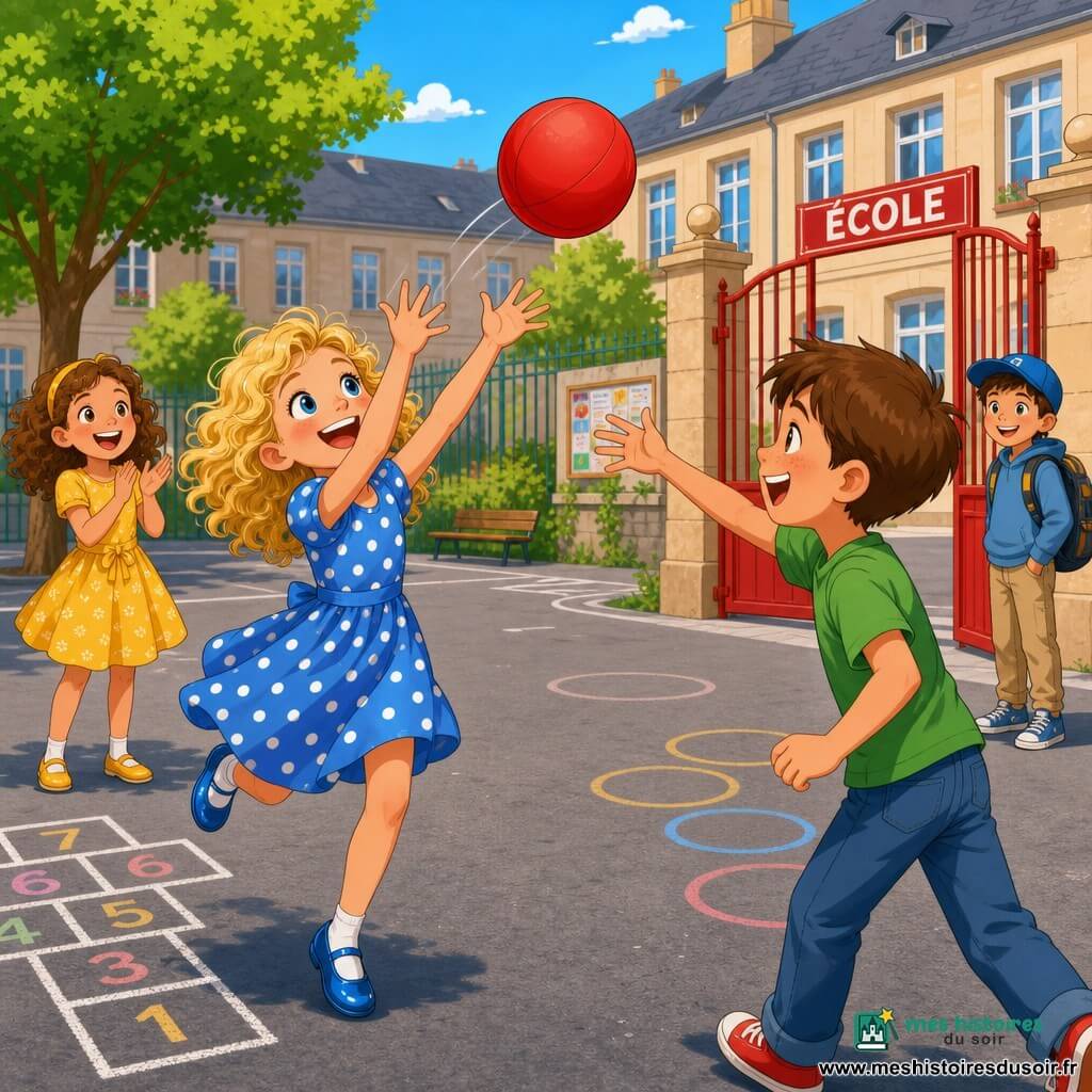 Scène de récréation : une fillette de 8 ans aux cheveux blonds bouclés, en robe bleue à pois blancs et chaussures brillantes, court pour attraper un ballon rouge ; à sa droite Lucas, 8 ans, cheveux bruns courts et t-shirt vert, rit en lui lançant le ballon ; en arrière-plan à gauche Emma, 8 ans, cheveux châtains bouclés en robe jaune, applaudit ; Tom, 8 ans, casquette bleue et sac à dos, sourit près d'une grille d'école ; cour pavée avec jeux au sol, arbres, grand portail rouge et bâtiments beiges ; ambiance accueillante, couleurs vives, style dessin animé 2D aux contours nets et ombres douces, composition centrée sur la fillette.