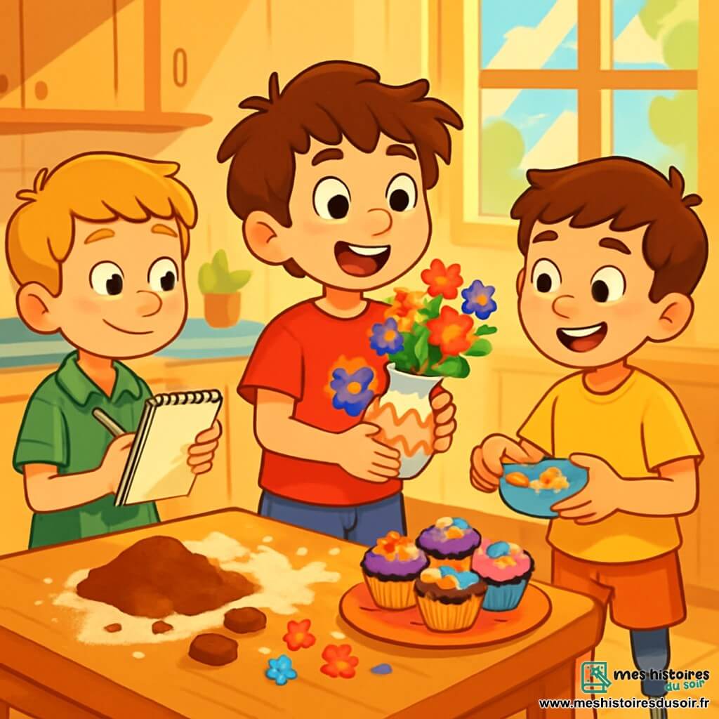 Trois personnages sont présents : Tom, un garçon de 8 ans aux cheveux bruns en bataille et aux yeux malicieux, portant un t-shirt rouge et un short bleu, tient un vase fait maison rempli de fleurs colorées. Lucas, également âgé de 8 ans, avec des cheveux blonds et un sourire espiègle, est à gauche de Tom, prêt à écrire un poème. Max, à droite de Tom, a des cheveux châtains, une prothèse à la jambe, et décore des gâteaux avec des fleurs en sucre. L'action se déroule dans une cuisine chaleureuse et ensoleillée, où les amis préparent un cadeau surprise pour la fête des mères. Tom lit un poème à haute voix, tandis que Lucas écrit et Max décore. Leurs visages expriment joie et excitation, reflétant l'esprit d'amitié et d'amour.