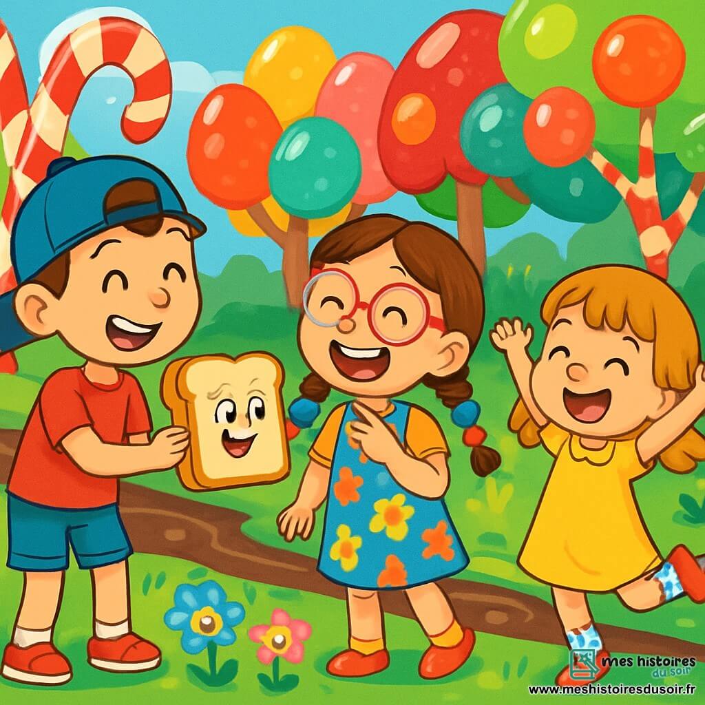 Il y a trois personnages : Léo, un garçon de 8 ans avec une casquette à l'envers et un grand sourire, portant un t-shirt rouge et un short bleu, tenant un sandwich au fromage qui parle. Mia, une fille de 7 ans avec des tresses colorées et des lunettes roses, porte une robe à fleurs et se tient au centre en riant et en pointant le sandwich. Zoé, une fille de 6 ans avec des chaussettes à pois et une petite robe jaune, est à droite, sautillant de joie avec les bras levés. L'action se déroule dans une forêt sucrée avec des arbres en sucre d'orge et des feuilles brillantes. Léo, Mia et Zoé découvrent un sandwich parlant, Monsieur Croque, qui leur demande de l'aide pour retrouver la confiture magique, entourés de bonbons, avec des expressions de surprise et de joie.