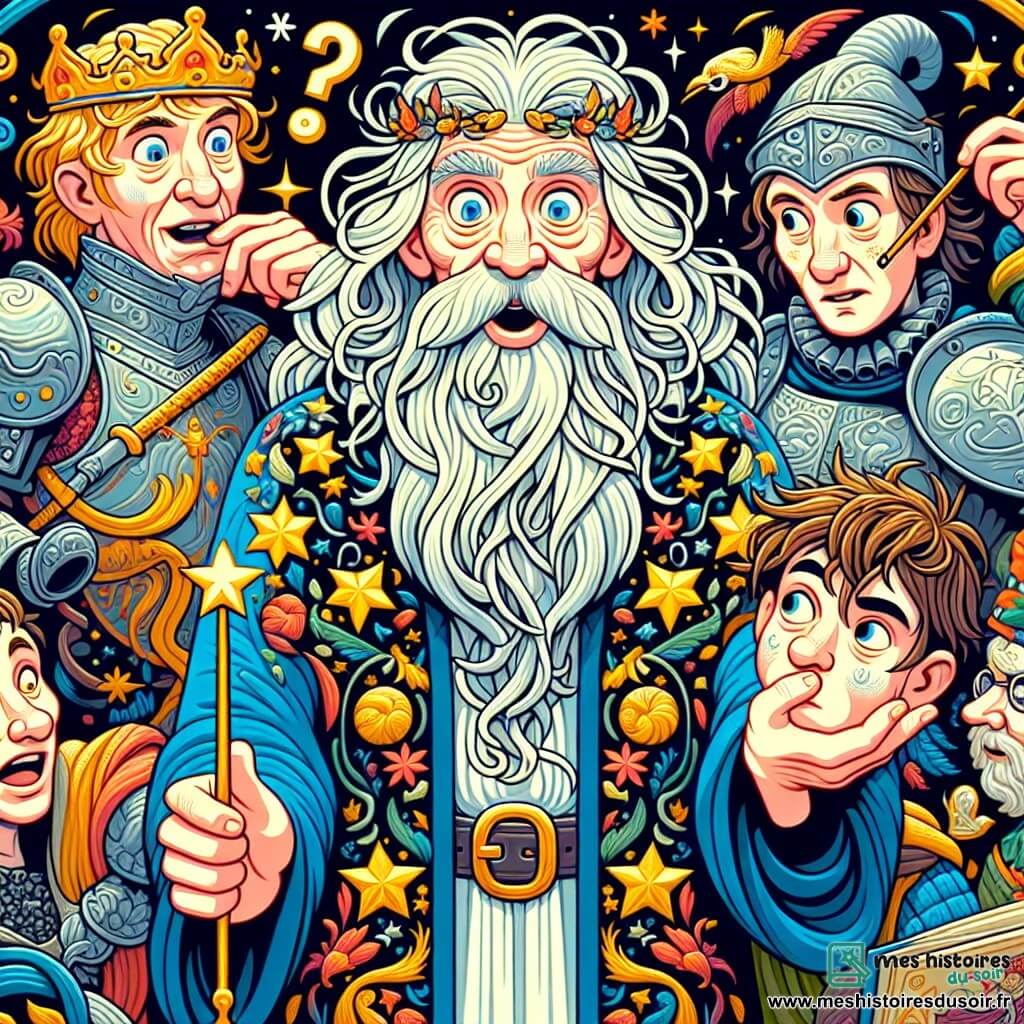 Un homme nommé Merlin, avec une longue barbe blanche et des cheveux ébouriffés, se tient au centre de la scène, l'air surpris et amusé. Il porte une robe bleue ornée d'étoiles dorées et tient une baguette en bois. À sa droite, le roi Arthur, environ 30 ans, en armure brillante et couronne de travers, regarde perplexe un parchemin à l'envers. À gauche, Lancelot, 25 ans, sourit en se penchant sur une tapisserie, convaincu qu'elle est une fée déguisée. La scène se déroule dans la grande salle du château de Camelot, avec des murs en pierre grise et des vitraux colorés. Merlin, amusé, est entouré de ses amis chevaliers alors qu'une armée d'oies fantômes portant des casques médiévaux traverse le plafond, créant une atmosphère magique et comique.