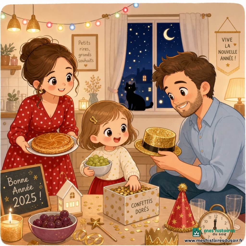 Fête intime de réveillon dans un salon-cuisine chaleureux : une fillette de 4 ans, visage rond, joues roses, cheveux châtain clair courts avec une barrette, yeux brillants, émerveillée, tient un bol de raisins et jette un peu de confettis dorés ; le père (~35 ans), barbe légère, chemise bleu clair, accroupi et souriant, lui tend un chapeau à paillettes ; la mère (~33 ans), cheveux bruns attachés, robe rouge à pois blancs, tient une assiette avec une galette derrière la table à gauche ; guirlandes multicolores, lumières jaunes tamisées, fenêtre sur une nuit étoilée avec un chat noir silhouetté dehors ; ambiance joyeuse, palette pastel avec touches or et rouge, traits simples et formes rondes.