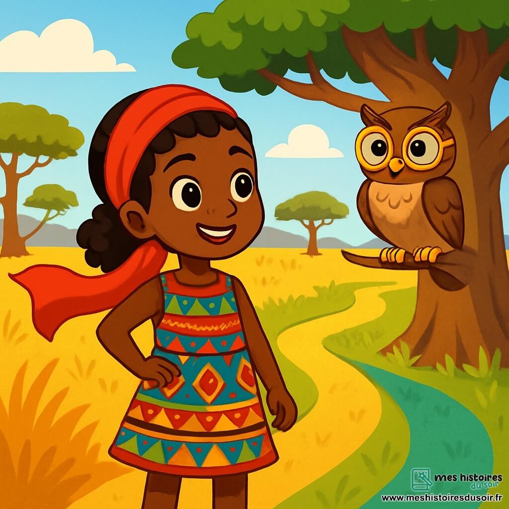 Aya, une jeune femme aux yeux pétillants et au sourire éclatant, se tient au centre de la scène dans une robe colorée aux motifs africains et une écharpe rouge. À ses côtés, un hibou sage et mystérieux est perché sur un baobab, l'observant avec curiosité. Le décor est une savane ensoleillée avec des herbes dorées, de grands arbres, un ciel bleu et des collines à l'horizon. Aya se trouve devant trois sentiers colorés : un chemin doré, un sentier vert vibrant et un chemin bleu profond. Elle hésite, prête à faire un choix crucial pour retrouver la sagesse de son village.