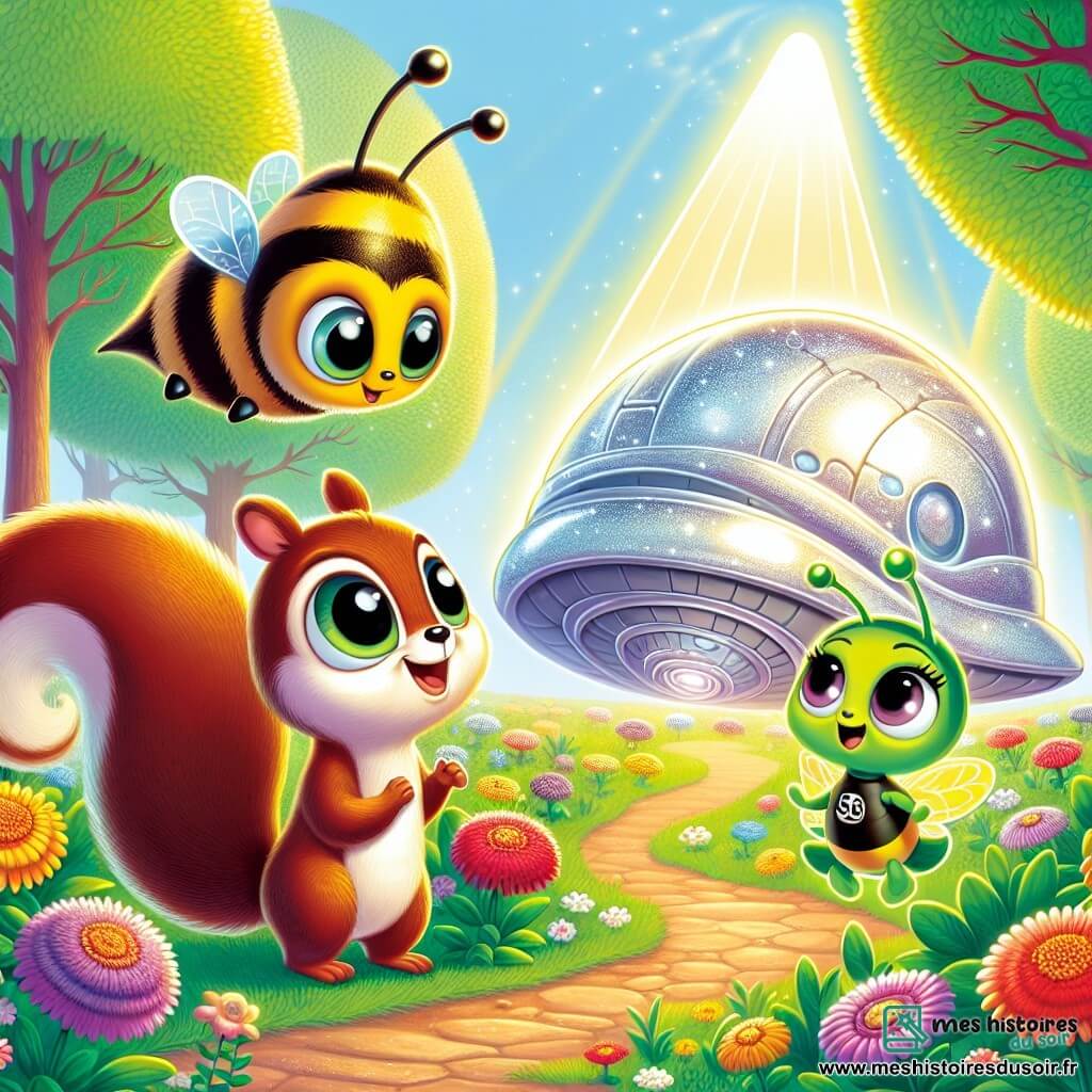 Un écureuil nommé Émile, avec une fourrure brune et une queue touffue, observe avec curiosité un vaisseau spatial brillant posé au sol. À ses côtés, une abeille nommée Gracieuse, aux rayures jaunes et noires, exprime son émerveillement en flottant légèrement. Le vaisseau, en forme de coquille d'escargot argentée, scintille sous le soleil, entouré de fleurs colorées. En arrière-plan, la forêt de Verdureville est remplie d'arbres aux feuilles vertes et de rayons de soleil. Émile et Gracieuse s'approchent du vaisseau ouvert, où un extraterrestre vert nommé Glix, avec de grands yeux et un sourire, les invite à monter à bord pour une aventure intergalactique.