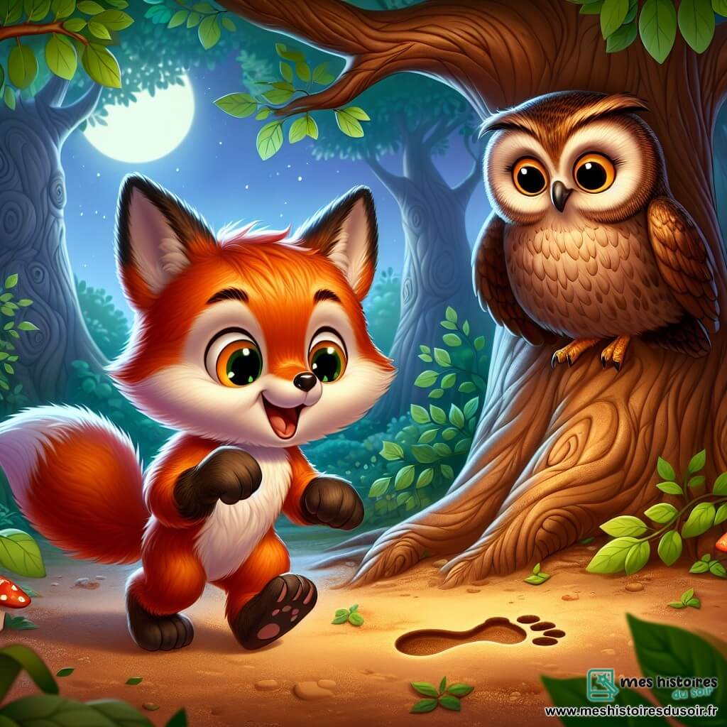 Félix, le petit renard aux poils roux éclatants et aux grands yeux curieux, examine une empreinte mystérieuse dans la terre avec excitation. À ses côtés, Olga, la chouette sage aux plumes brunes et aux yeux dorés, observe attentivement, prête à donner des conseils. La scène se déroule dans une forêt enchantée, sous la lumière de la lune qui crée des ombres sur le sol. Ensemble, ils découvrent une empreinte près de la rivière, se demandant quel animal l'a laissée.