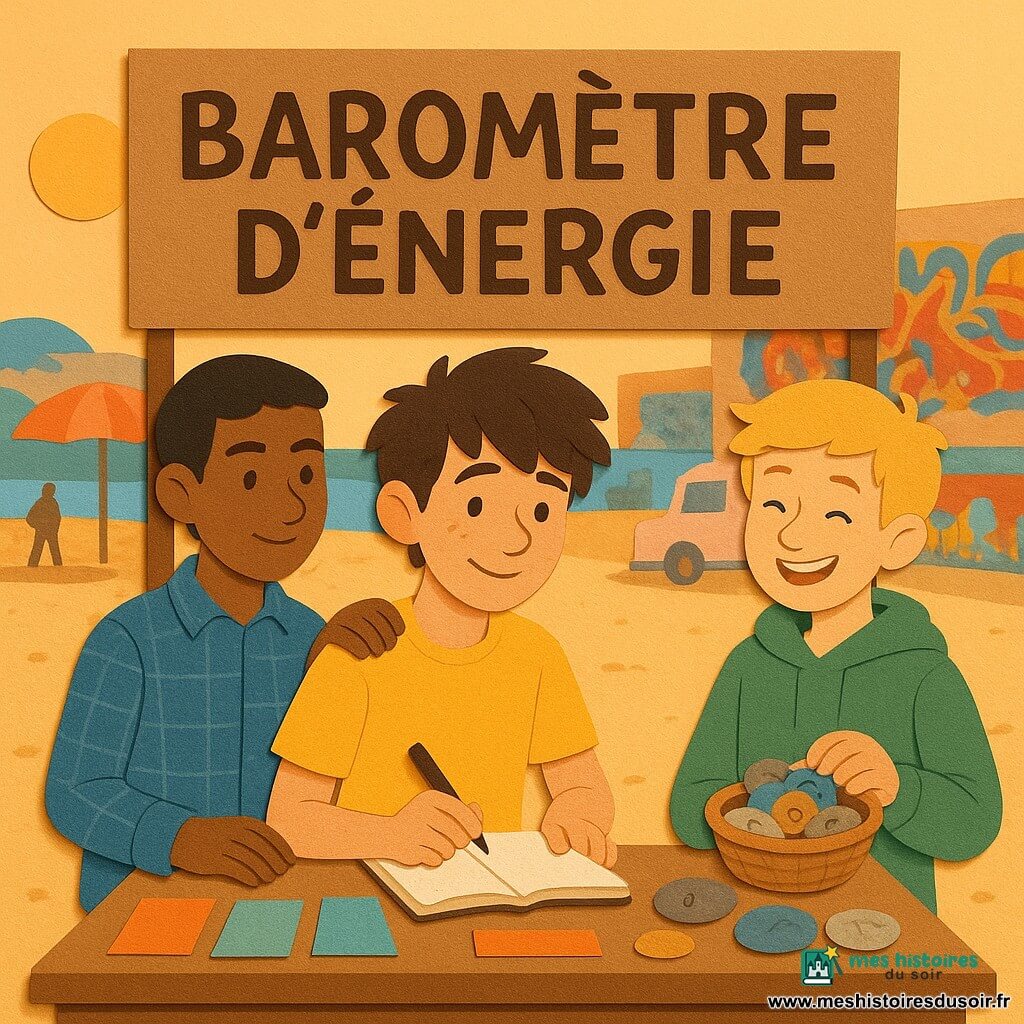 Trois garçons d’environ 12 ans : Noé, cheveux bruns en bataille, t-shirt jaune vif, au centre devant un petit stand en carton, carnet et feutre en main, souriant timidement et penché vers les passants ; Amir, peau olive, cheveux courts coiffés, chemise à carreaux bleus, à gauche, la main rassurante sur l’épaule de Noé ; Léo, cheveux blonds, sweat vert, à droite, tenant un panier de galets peints et riant doucement. Le stand accroché à la ficelle affiche une grande pancarte manuscrite "BAROMÈTRE D’ÉNERGIE", cartes colorées étalées et galets marqués de mots ; lieu : plage urbaine au bord d’un canal avec sable beige, parasols et food-trucks pastel en arrière-plan, graffiti vifs sur une palissade, lumière dorée du crépuscule créant ombres longues ; ambiance chaleureuse, tactile et lumineuse, textures papier superposées et ombres marquant le relief.