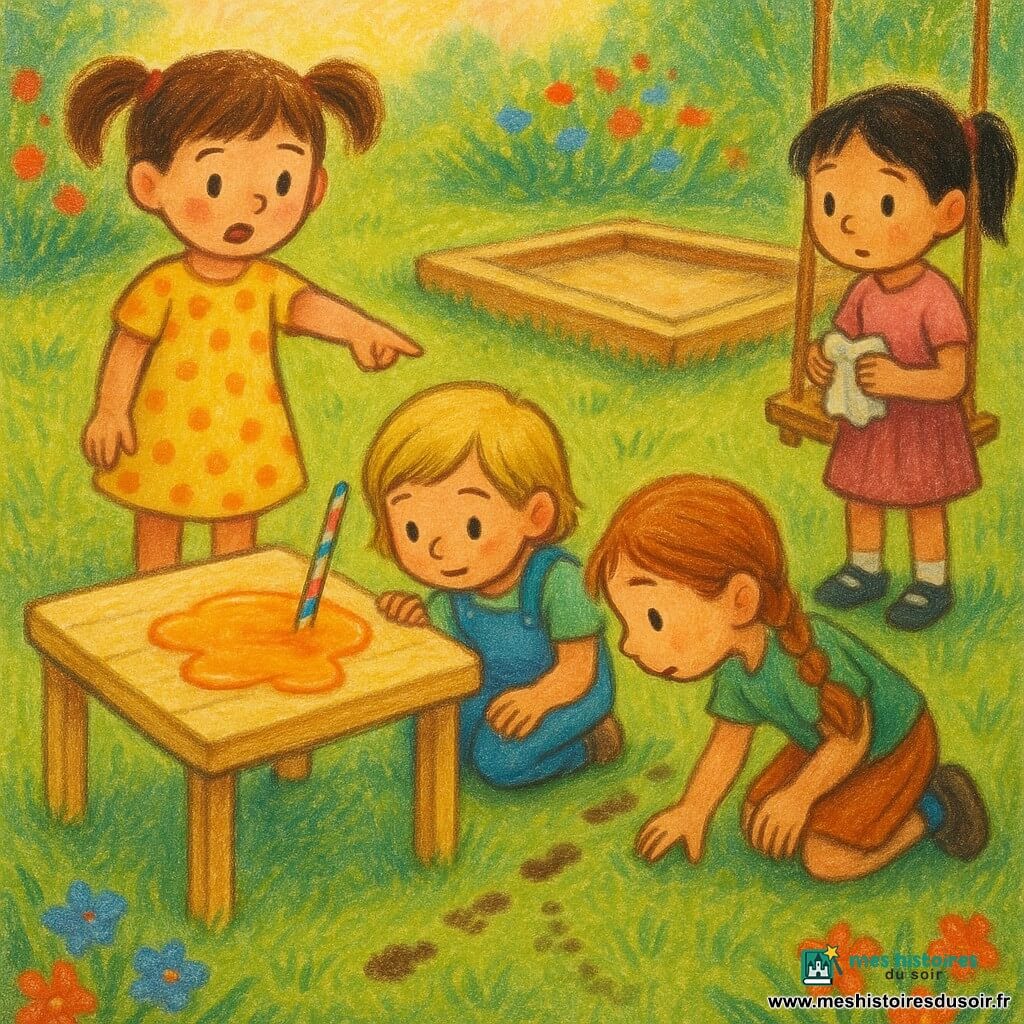 Quatre fillettes enquêtent dans un jardin ensoleillé au style enfantin : Mia (6 ans) en robe jaune pointe une flaque de jus d'orange brillante sur une petite table en bois où gît une paille rayée, Léa (5 ans) accroupie observe la paille, Zoé (6 ans) suit de petites empreintes boueuses menant au bac à sable et Emma (5 ans) près de la balançoire tient une serviette froissée, scène douce et concentrée rendue en textures pastel et contours doux.