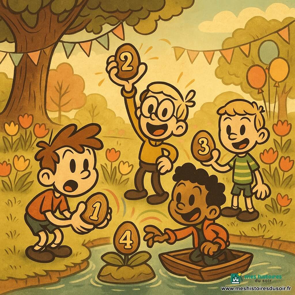 Quatre garçons dans un parc de Pâques rétro cartoon : Lucas (10 ans, cheveux châtain clair, t-shirt rouge, short bleu) accroupi à gauche tenant l'œuf en bois n°1, Émile (10 ans, lunettes rondes, pull jaune) derrière lui levant l'œuf n°2, Tom (9 ans, cheveux blonds, chemise rayée verte) à droite parmi des tulipes montrant l'œuf n°3, et Hugo (9 ans, cheveux noirs bouclés, veste orange) sur un petit radeau au centre-droit tendant la main vers l'œuf n°4 sur une île de feuilles ; décor : grand chêne à gauche, parterres de tulipes rouges et jaunes, petit étang brillant avec île, ballons et guirlandes pastel, lumière douce dorée ; scène dynamique avec éclaboussures, arcs de lumière colorés jaillissant des œufs et expressions d'émerveillement, couleurs saturées et contours souples.