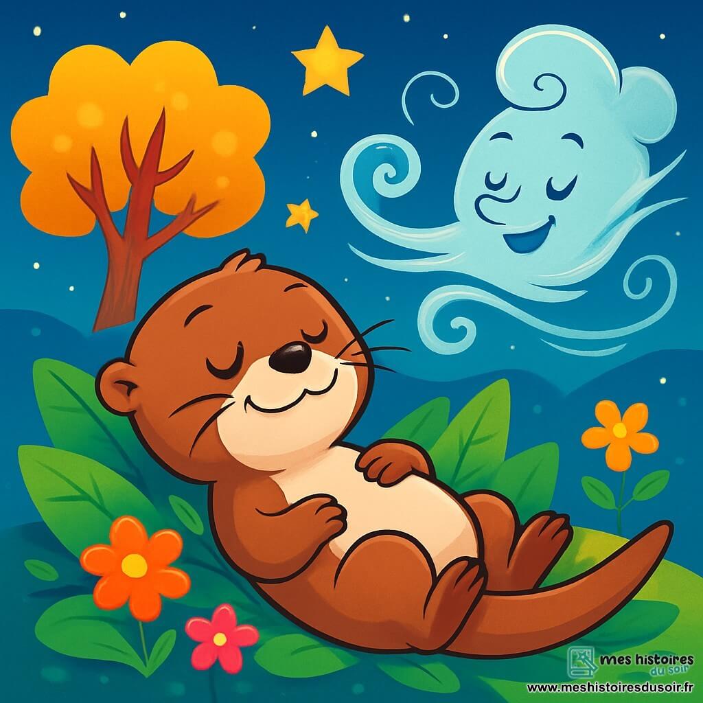 Une petite loutre au pelage lisse et brillant, avec des yeux ronds et malicieux, est allongée sur un lit de feuilles douces, souriante et paisible. Elle respire profondément, son ventre se gonfle, et elle semble sereine. À côté d'elle, un vent personnifié, représenté par des lignes fluides, danse autour d'elle avec une expression joyeuse. Le lieu est une île magique, baignée par la lumière des étoiles, avec des fleurs colorées et des arbres aux feuilles dorées. Le ciel est bleu profond, parsemé d'étoiles brillantes. Lila, la loutre, respire le calme et expire les soucis, tandis que le vent crée une atmosphère de sérénité.