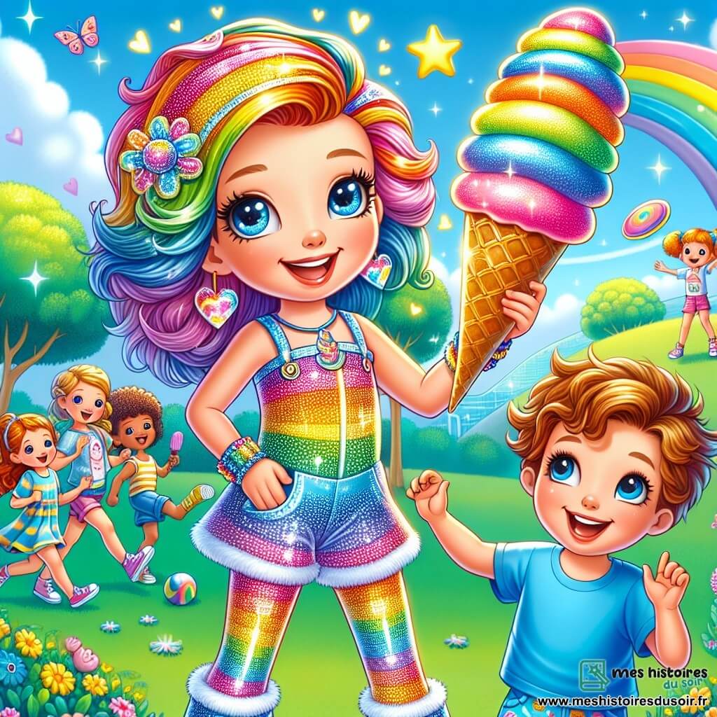Lila Lumine, une jeune femme aux cheveux arc-en-ciel scintillants, porte un costume brillant qui reflète les couleurs du soleil. Elle sourit avec émerveillement en tenant une grande glace multicolore. À côté d'elle, un garçon de 6 ans aux cheveux bruns en bataille rit en jouant avec un frisbee. Un groupe d'enfants joyeux s'amuse autour d'eux sur l'herbe verte du parc, rempli d'arbres aux feuilles éclatantes, de fleurs colorées et d'un ciel bleu clair avec des nuages blancs. Lila profite de sa journée de repos en jouant et en riant avec ses nouveaux amis.