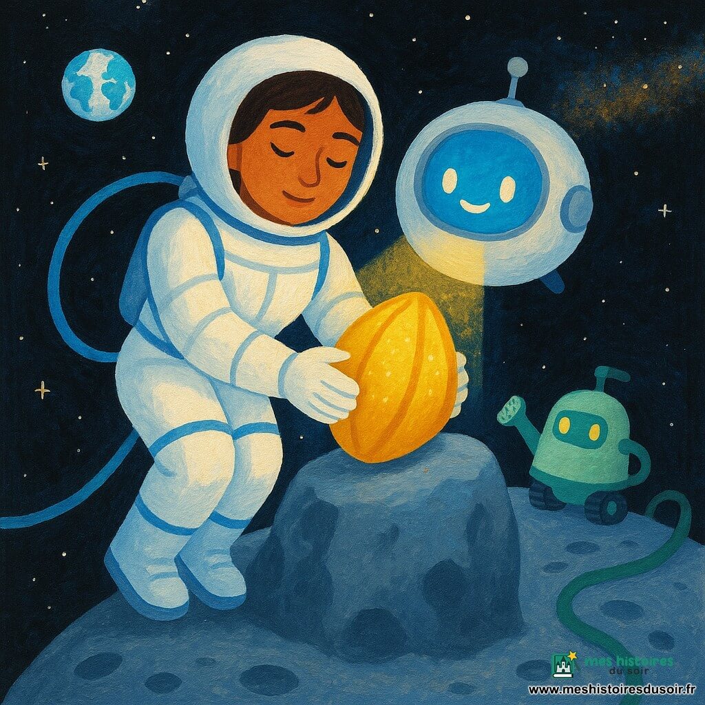 Femme astronaute Lina, calme et souriante, cheveux bruns courts, pose délicate; combinaison blanche souple à bandes bleues, bottes aimantées et fil de sécurité; elle appuie une balise brillante en forme de graine dorée contre un rocher gris flottant, la balise pulsant une lumière chaude. Le vaisseau Plume, petite bulle blanche ronde à grande fenêtre bleue et « visage » lumineux, l’éclaire doucement derrière elle. Un robot-arrosoir vert pâle roule en arrière-plan et clignote. Décor : espace étoilé profond avec la Terre lointaine et un nuage de poussière scintillante; composition centrée, contrastes doux, atmosphère tendre et rassurante.