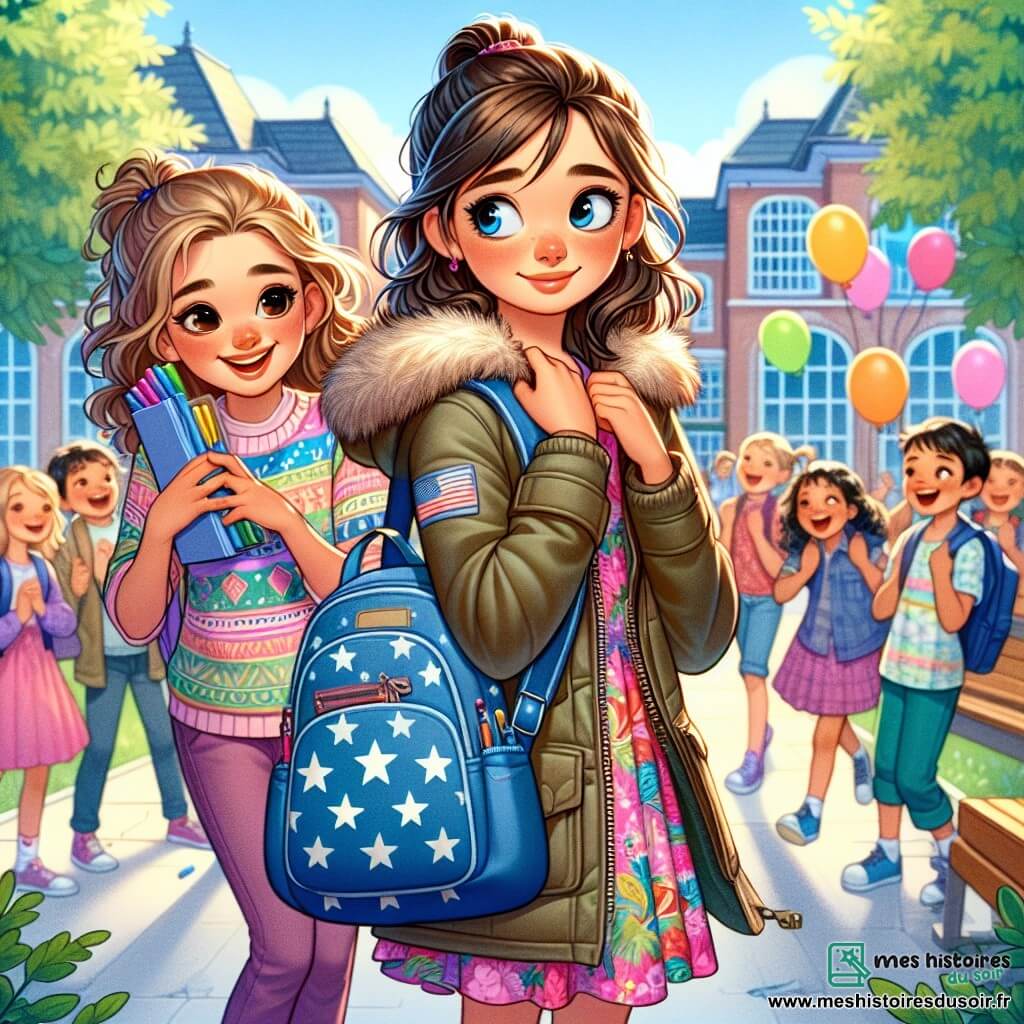 Au centre de l'image, Noémie, une fille de 11 ans avec des cheveux châtains en queue de cheval, porte une robe colorée et un manteau parka. Son visage montre une excitation mêlée à une légère nervosité, tenant son cartable bleu orné d'étoiles blanches et souriant timidement à ses camarades. À sa droite, sa meilleure amie Rose, également âgée de 11 ans, avec des cheveux bouclés et un t-shirt coloré, l'encourage avec un grand sourire et une boîte de feutres multicolores. En arrière-plan, la cour de l'école est animée d'enfants qui rient et jouent, avec des arbres verdoyants et des bancs en bois, tandis que des ballons flottent dans le ciel bleu. La scène montre Noémie et Rose se préparant pour leur première journée de CM2, entourées de camarades joyeux, avec l'excitation de la rentrée scolaire dans l'air.
