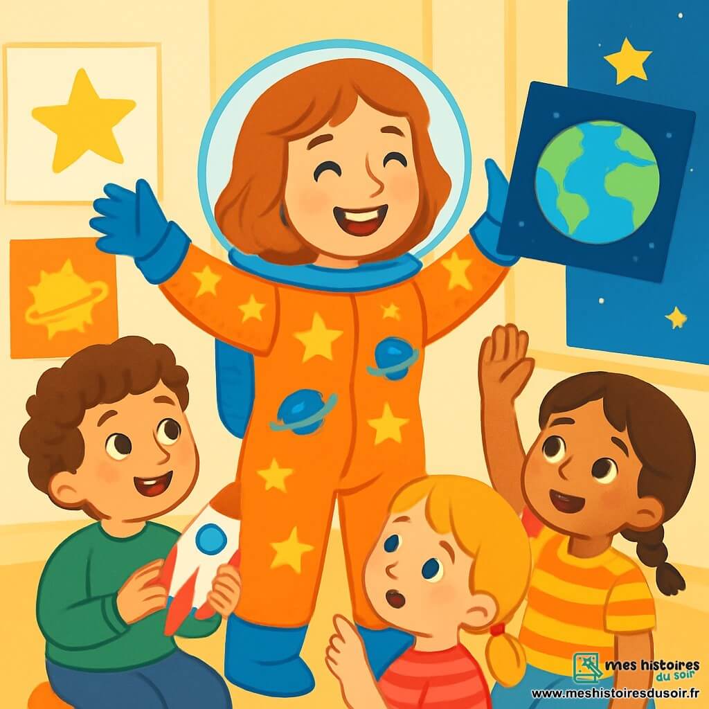 Une astronaute, Zoé, souriante et énergique, porte une combinaison spatiale colorée avec des dessins d'étoiles et de planètes. Elle se tient au centre, levant les bras, entourée d'enfants émerveillés. Un garçon de 6 ans, aux cheveux bouclés, admire Zoé en tenant un modèle de fusée, tandis qu'une fille de 5 ans lève la main pour poser une question, son visage curieux. La scène se déroule dans une salle de classe lumineuse, décorée de dessins et de posters de l'espace. Zoé raconte ses aventures dans l'espace, montrant une photo de la Terre, captivant l'attention des enfants qui rêvent de voyages interstellaires.