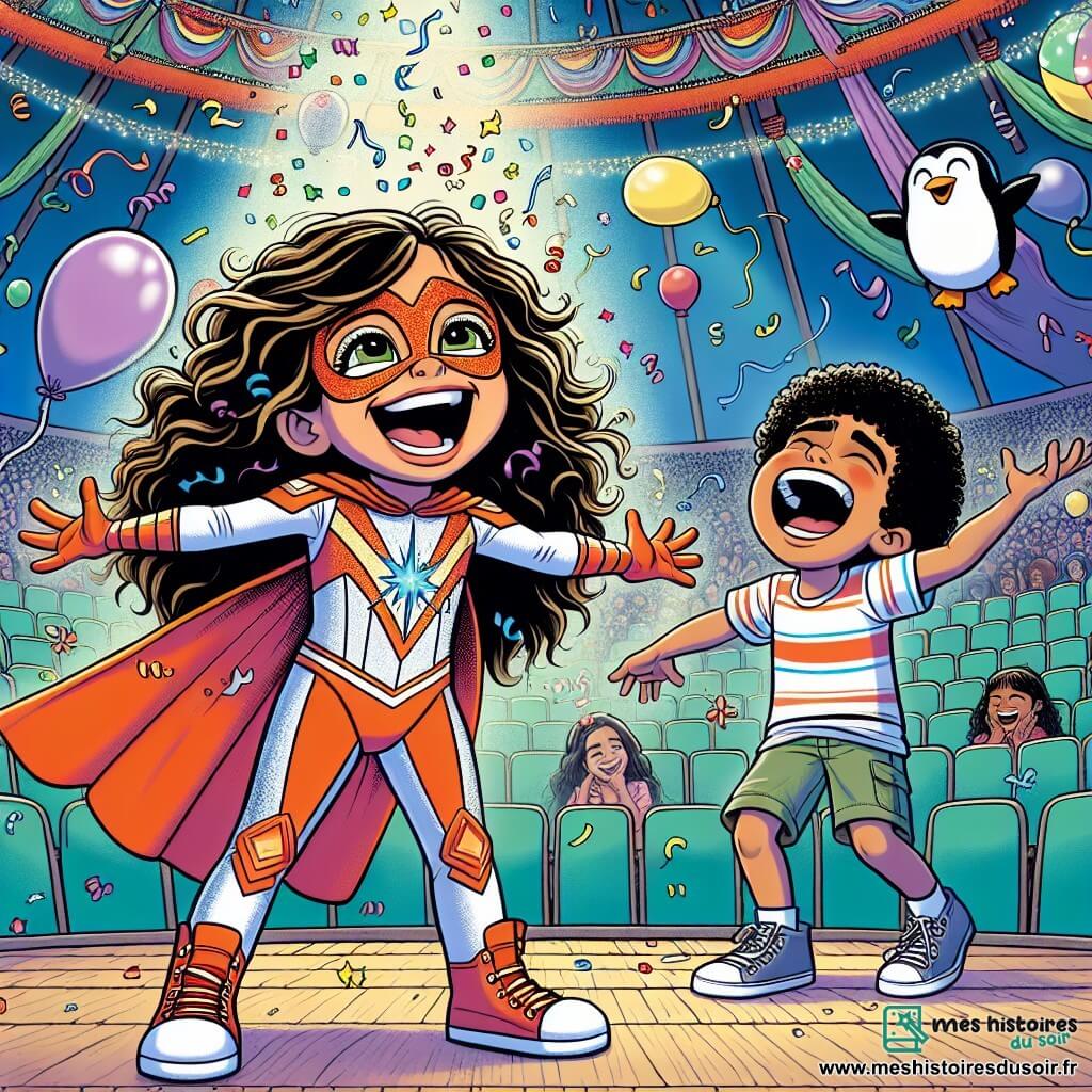 Clémentine, une fille joyeuse de 10 ans, a de longs cheveux bouclés et porte un costume de super-héros coloré avec une cape rouge. Elle sourit largement et éternue, faisant tomber des confettis colorés. À ses côtés, Justin Rigolard, un garçon de 11 ans avec des cheveux en bataille et un t-shirt à rayures, jongle avec des peluches invisibles, riant aux éclats, tandis qu'une peluche en forme de pingouin flotte dans les airs. L'amphithéâtre de l'École des Super-Héros de Légèreté sert de décor, avec des sièges en forme de nuages et un chapiteau coloré rempli de ballons. La scène illustre Clémentine et Justin lors de la Bataille des Blagues, où Clémentine utilise son pouvoir comique pour divertir le public, créant une atmosphère festive et joyeuse.