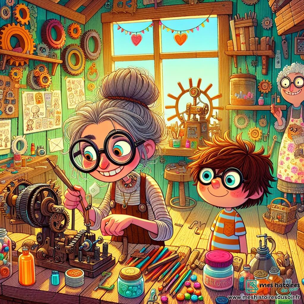 Agathe Bidouillette, une femme aux cheveux ébouriffés et aux lunettes de travers, est dans son atelier, souriante et excitée, ajustant une pièce de sa machine farfelue. Son espace est rempli de rouages, de bocaux mystérieux et de croquis colorés. À ses côtés, Gabin, un garçon d'environ 10 ans, admire son travail en tenant un rouleau de gommettes phosphorescentes. Léonore, la boulangère, sourit en tenant un panier de pains, prête à encourager Agathe. L'atelier est une cabane biscornue avec des murs en bois coloré et des fenêtres en cœur. Agathe teste sa Dérouillomatic 3000, une machine amusante qui projette des confettis et des bonbons, créant une atmosphère joyeuse.