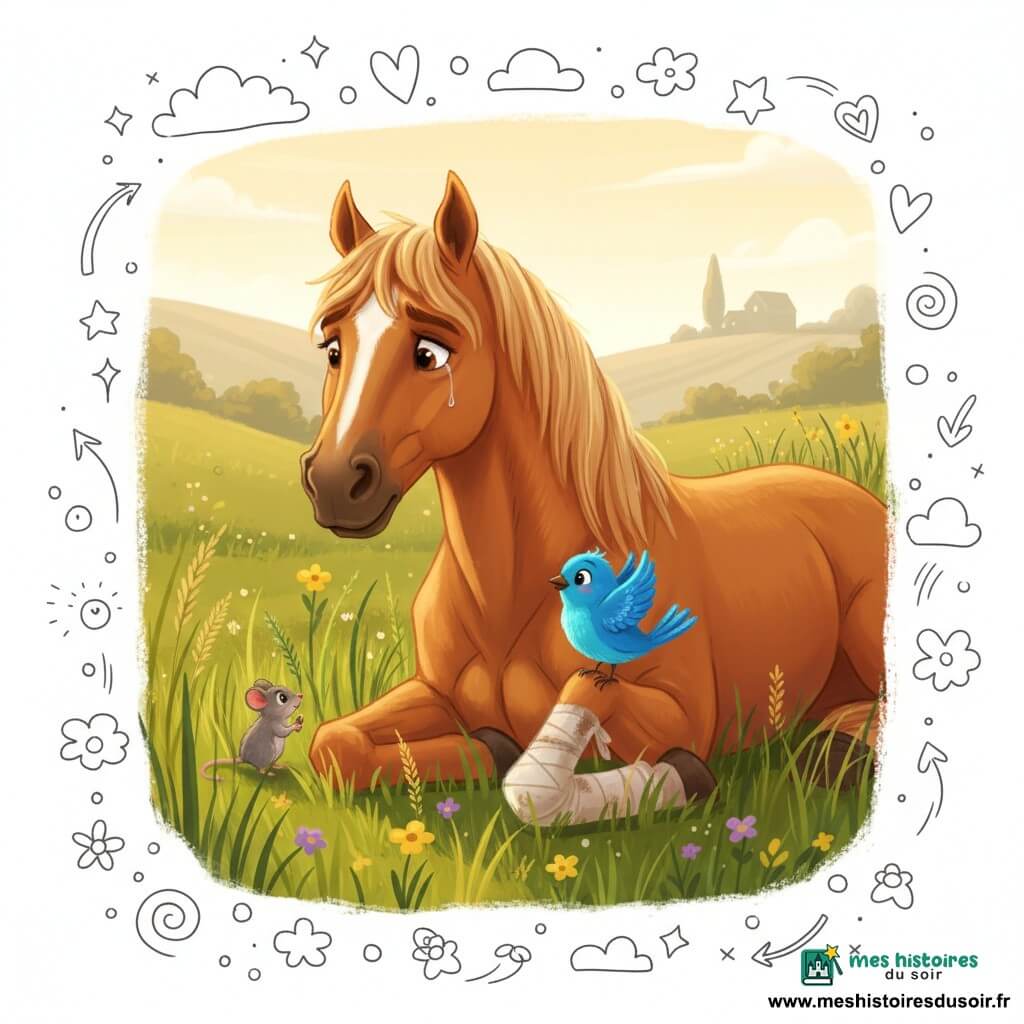 Grand cheval alezan allongé dans l'herbe — bien préciser qu'il s'agit d'un cheval — l'air triste mais apaisé, yeux brillants avec une petite larme, crinière dorée légèrement ébouriffée; patte avant droite bandée d'un pansement blanc un peu sale, posée sur l'herbe, posture douce et vulnérable; petit oiseau bleu vif posé sur le genou blessé, plumage brillant, regard curieux, aile légèrement levée comme pour rassurer; à gauche, une petite souris grise tenant une graine dans ses pattes, regard reconnaissant, assise dans une touffe d'herbe; grande prairie verdoyante aux herbes hautes ondulant, fleurs jaunes et mauves, collines douces et ferme en silhouette au loin; lumière chaude de fin d'après-midi, ombres longues, palette chaude et pastel, textures douces, composition en plan américain pour montrer le cheval et les petits animaux de près.