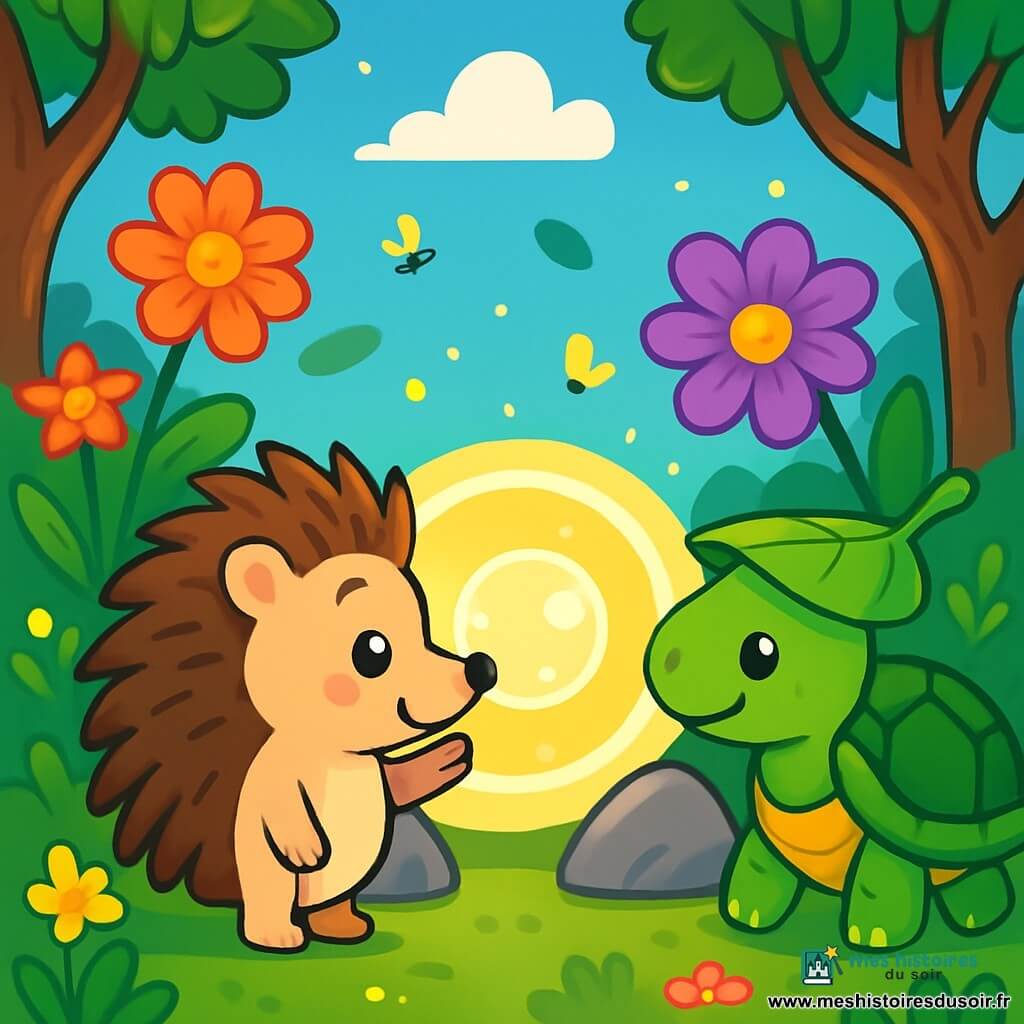 Petit Hérisson, un petit animal aux piquants doux et au ventre rond, se tient devant un cercle lumineux entre deux pierres, les yeux brillants de curiosité et un petit sourire émerveillé. Il touche délicatement la bulle avec son nez. À côté de lui, Madame Tortue, une tortue à la carapace verte et brillante, porte un chapeau en feuille. Elle a un regard sage et bienveillant, souriant doucement en l'observant, prête à l'accompagner sur le chemin de mousse. Le lieu est une prairie enchantée, remplie de fleurs géantes aux couleurs vives, de lucioles scintillantes et d'arbres aux troncs tordus, sous un ciel bleu éclatant parsemé de nuages cotonneux. Petit Hérisson, émerveillé, touche le cercle lumineux qui brille comme une étoile, tandis que Madame Tortue l'encourage à explorer ce passage magique vers le temps.