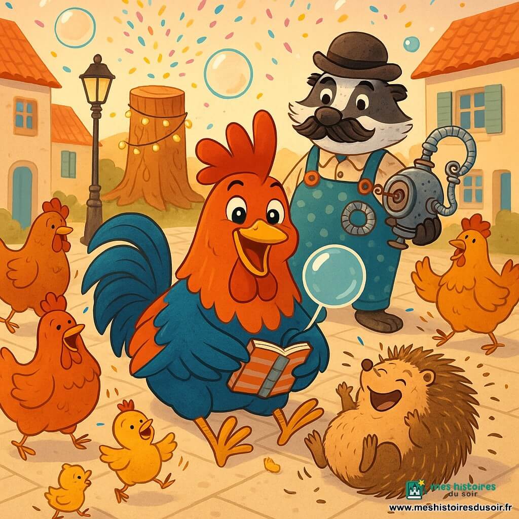 Picoti, un coq aux plumes rouge orangé et bleu, sourit ailes ouvertes en tenant un petit carnet où il dessine une grande bulle; derrière lui, Barnabé le blaireau moustachu en salopette à pois et chapeau melon tient une machine à bulles en métal; Gaston le hérisson rond rit roulé sur le dos; des poules et des poussins forment un cercle en riant; la place pavée bordée de maisons en pierre et d'un lampadaire porte une souche décorée de guirlandes; des bulles éclatent en confettis colorés sous une lumière dorée de fin d'après-midi, ambiance festive et couleurs vives.