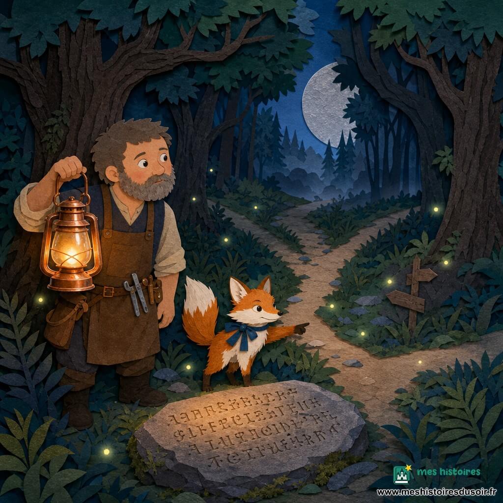 Un artisan de lampes au visage rond, barbe grisonnante et regard doux mais inquiet tient une lanterne en cuivre brillante et hésite à un sentier divisé en trois, tandis qu'un petit renard blanc et roux nommé Lume, au ruban bleu et à la queue touffue, le montre du museau; une grande pierre plate gravée de lettres anciennes jalonne le chemin, des lucioles flottent dans une forêt ancienne aux troncs rugueux et brume légère, sous une lune d'argent, tons bleu nuit et verts profonds avec chaud halo orange autour de la lanterne, vue en légère plongée, silhouettes nettes et contrastes marqués, textures papier superposées.