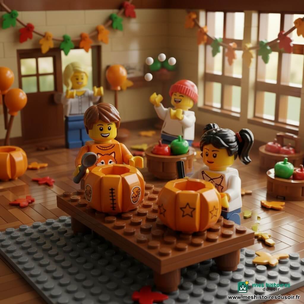 Antoine, 6 ans, cheveux châtain courts, pull orange avec un petit renard, souriant et émerveillé, tient une cuillère et creuse une grosse citrouille sur une table en bois; à sa droite une fille de 6 ans, concentrée, cheveux noirs en couettes, dessine des étoiles sur sa citrouille; derrière la table un garçon de 7 ans, riant, bonnet rouge, lance des graines près d'une corbeille de pommes; la maman d'environ 30 ans, cheveux blonds attachés, sourit et applaudit près d'une porte; la salle de sport transformée est décorée de guirlandes de feuilles rouges, orange et jaunes, ballons orange et paniers de pommes, sol en parquet brillant avec empreintes et feuilles éparses, lumière chaude du matin traverse de grandes fenêtres créant des ombres douces, couleurs automnales saturées, textures de brique visibles, détails de coutures et stickers sur les citrouilles; composition centrée sur la table, plans rapprochés sur les mains en action, expressions joyeuses et gestes dynamiques, atmosphère conviviale et colorée.