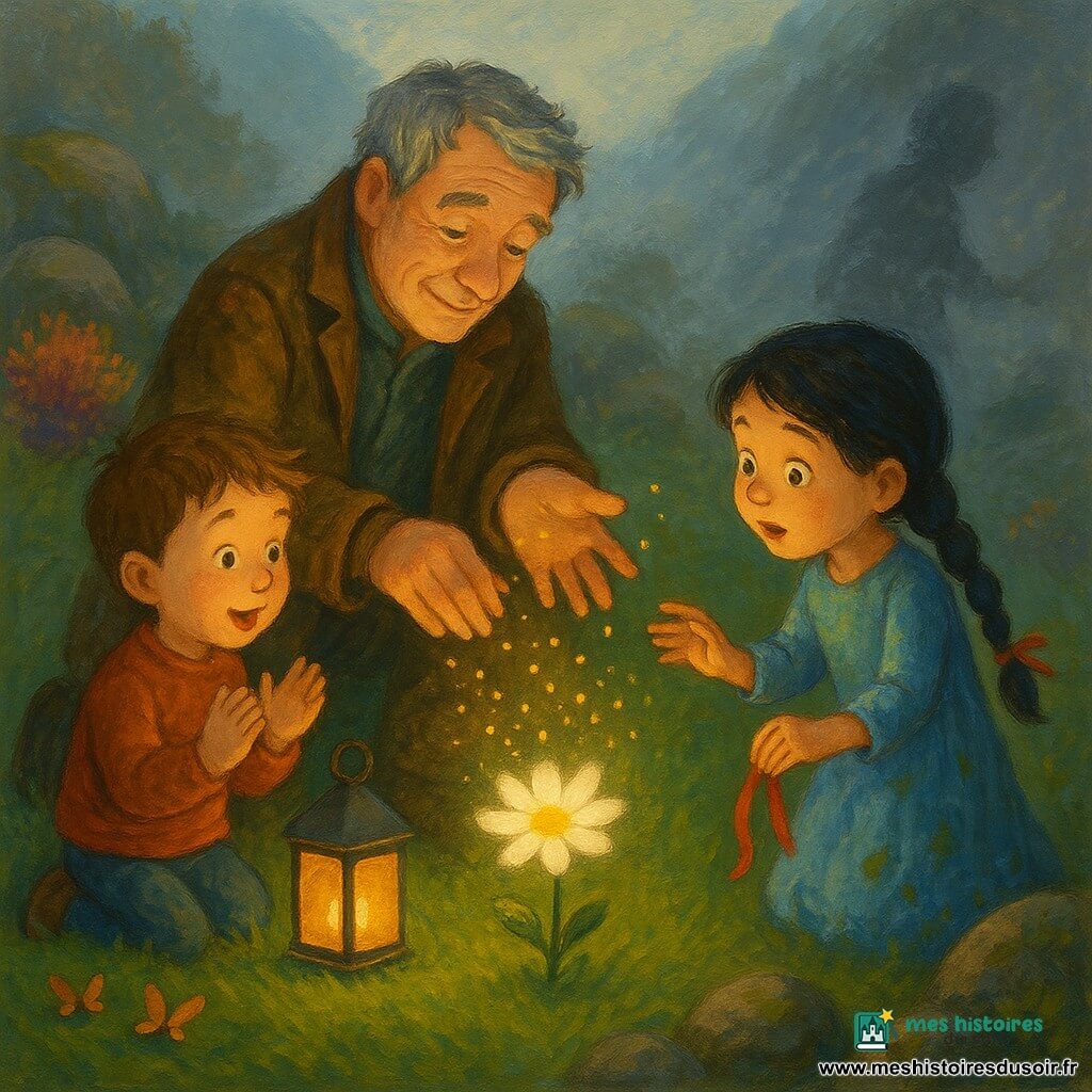 Sylvain, homme au visage doux et cheveux poivre et sel, agenouillé et posant une petite lanterne brunie diffusant une lumière dorée, tandis qu’un garçon de six ans aux cheveux châtains applaudit émerveillé à gauche, et une fille de huit ans en tresse et robe bleu ciel tachée, tenant un ruban rouge, tend la main vers une minuscule Fleur-Sincère blanche au cœur doré qui s’illumine; dans le Jardin des Vrais Éclats — vallée brumeuse à herbe verte mouillée, pierres moussues, buissons fleuris et papillons, une brume grise s’éloigne en volutes pendant que Sylvain sème de petites graines de lumière dorées et que l’Ombre-Grise, silhouette nuageuse, recule, la scène aux tons chauds dorés, verts profonds et bleus doux montrant des textures de coups de pinceau et un contraste doux entre lumière et brume.