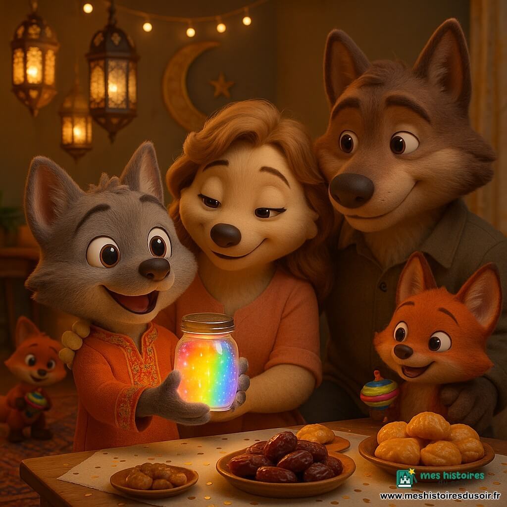Petit Loup, petit loup anthropomorphe au pelage gris et aux grands yeux brillants, porte une tunique brodée et montre fièrement un bocal en verre qui émet une lueur arc‑en‑ciel; Maman Loup, louve crème au sourire tendre, le serre dans ses bras; Papa Loup, plus grand au pelage brun, pose la main sur son épaule; Sami le renardeau, petit renard roux, sourit en tenant une toupie à l’arrière. La scène se déroule dans un salon chaleureux décoré pour le Ramadan — lanternes en métal découpé, guirlandes lumineuses, croissant de lune au mur, tapis persan et table basse garnie de dattes et pâtisseries — et montre une soirée familiale après le repas, empreinte de tendresse, de fierté et de lumière chaude.