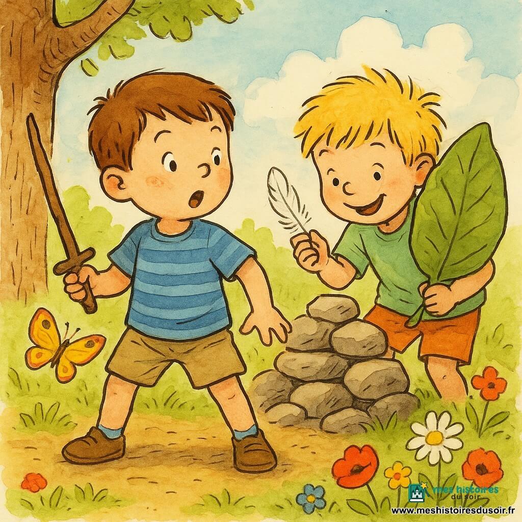 Deux garçons d'environ 6 ans : à gauche un garçon aux cheveux bruns courts avec quelques taches de rousseur, chemise rayée bleue, tenant un bâton comme une épée, jambes écartées, regard émerveillé vers un papillon; à droite, un garçon blond en bataille, sourire large, tee‑shirt vert clair, penché derrière le premier, tenant une grosse feuille comme bouclier et montrant une plume trouvée. Ils sont dans un jardin ensoleillé à sol de terre et herbe courte, avec un grand arbre à gauche, un petit tas de pierres près d'eux et des fleurs (pâquerettes, coquelicots), ciel bleu clair; les deux suivent un papillon jaune et orange et découvrent une plume blanche brillante comme trésor, scène joyeuse, claire et lisible pour tout‑petit.