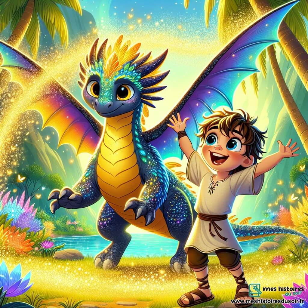 Un dragon majestueux nommé Zéphyr, aux écailles scintillantes, se tient au centre de l'image, ses grandes ailes déployées et un regard amical. Il danse joyeusement, créant un nuage de poussière dorée. À ses côtés, un jeune garçon nommé Léo, âgé d'environ 10 ans, avec de grands yeux pétillants et des cheveux ébouriffés, sourit en chantant. Il porte une tunique légère et des sandales, sautant autour de Zéphyr, les bras levés. Le décor est une oasis magique avec des palmiers, des fleurs colorées et un étang d'eau cristalline. Léo et Zéphyr célèbrent leur amitié et leur succès après avoir retrouvé les lucioles magiques, entourés de lumière et de joie.