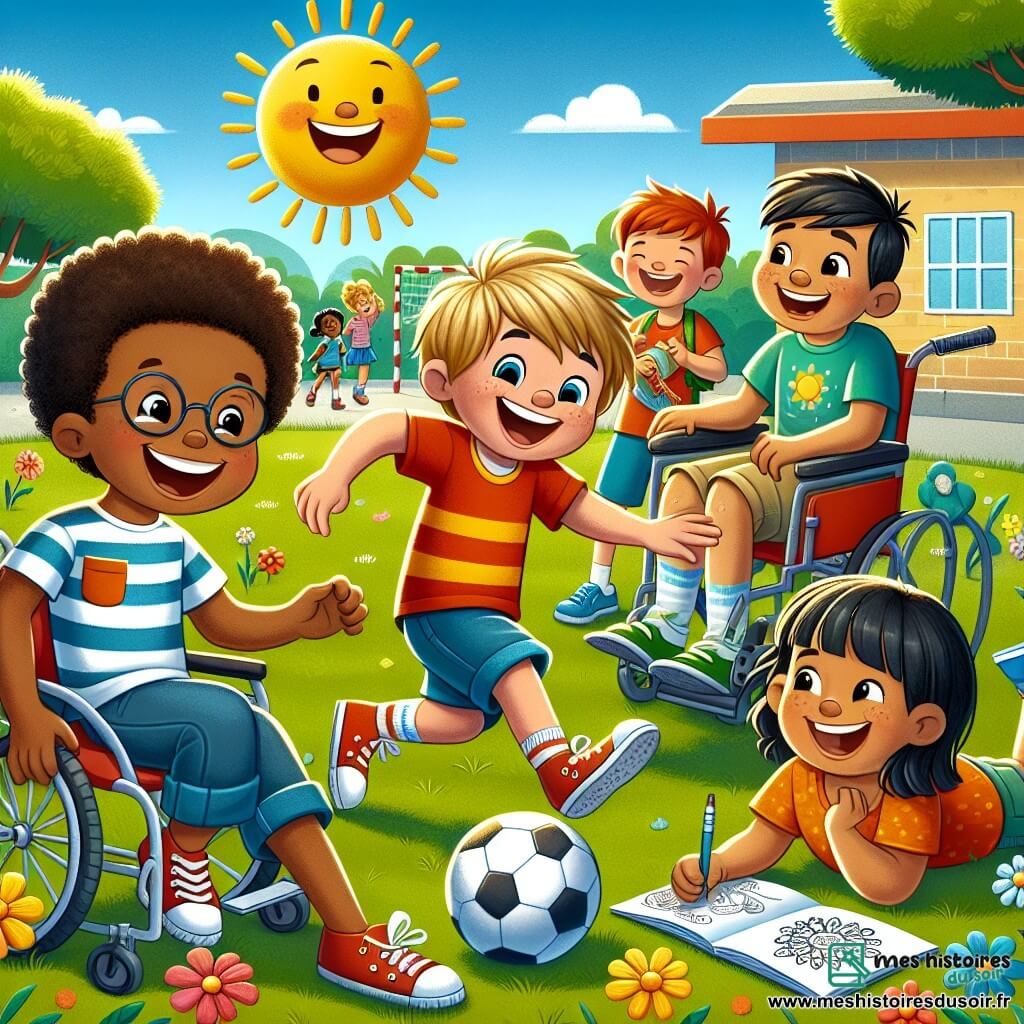 Dans une cour d'école ensoleillée, quatre amis s'amusent. Léo, 8 ans, dribble un ballon de football. Tim, 7 ans, dessine la scène assis par terre. Max, 9 ans, d'origine asiatique, sourit en fauteuil roulant et encourage ses amis. Sara, 8 ans, joue du tambour en riant. La cour est entourée d'arbres verts et de fleurs colorées, sous un grand soleil dans un ciel bleu. Ils montrent à Sara comment jouer au ballon, illustrant la beauté de l'amitié et de la tolérance.