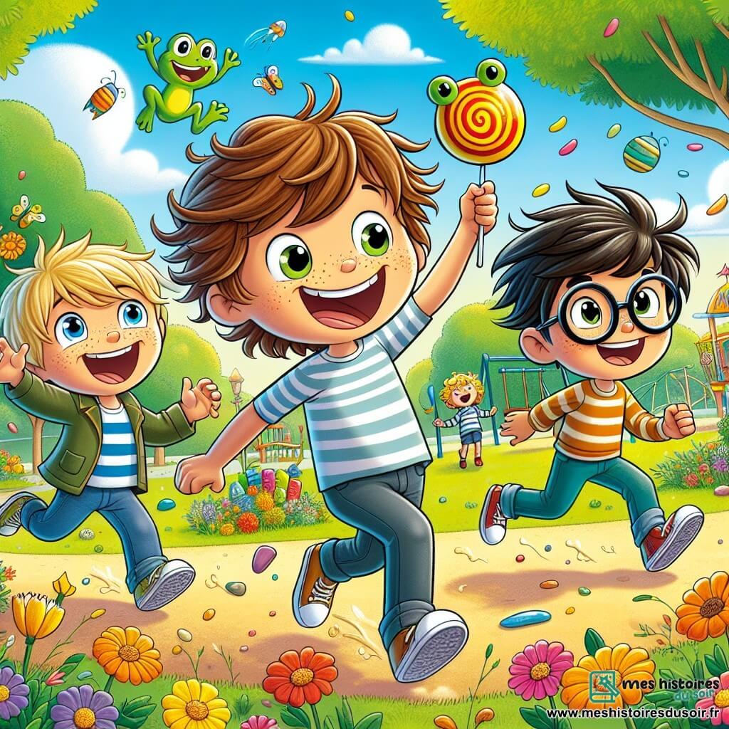 Au centre de l'image, Max, un garçon de 10 ans avec des cheveux bruns en bataille et des lunettes rondes, court avec un grand sourire, les bras levés. À sa droite, Léo, un garçon de 9 ans aux cheveux blonds et aux taches de rousseur, rit en tenant un bonbon géant. À gauche, Tom, 10 ans, aux cheveux noirs, essaie d'attraper un chapeau en forme de grenouille flottant au-dessus de lui. Hugo, 10 ans, avec des cheveux châtains et des lunettes carrées, les observe en riant, les bras croisés. Le décor est un parc ensoleillé avec des fleurs colorées et des arbres verts, une aire de jeux visible en arrière-plan. Les quatre amis sont en pleine aventure, courant après un chapeau dans les airs tout en se lançant des bonbons, créant une atmosphère joyeuse.