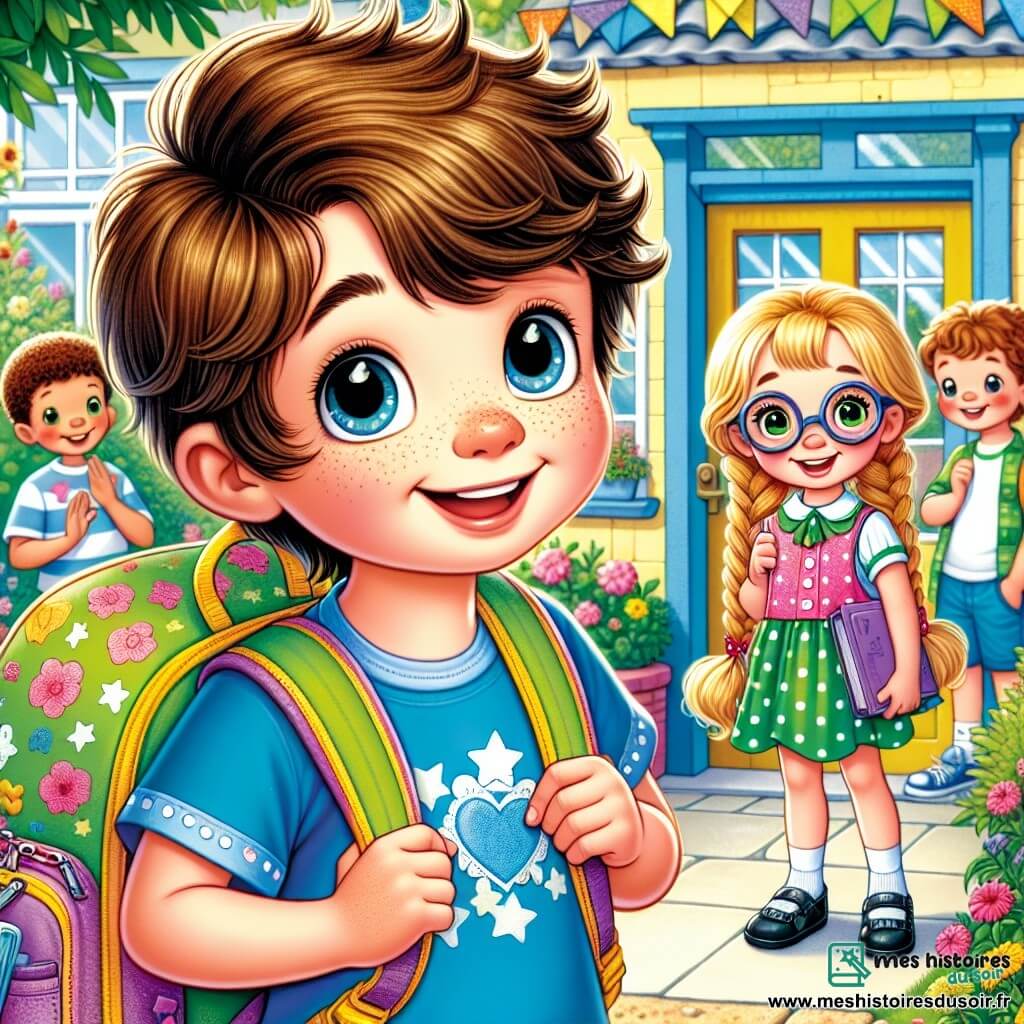 Lucas, un garçon de 10 ans, se tient devant l'entrée de son école, souriant avec des yeux pétillants. Il porte un t-shirt bleu avec des étoiles blanches et un cartable coloré. À côté de lui, Clara, également âgée de 10 ans, a de longs cheveux blonds tressés, une robe rose à pois et un petit sac à dos violet. Elle tient un livre et sourit joyeusement. Un peu plus loin, Jules, un autre garçon de 10 ans avec des lunettes et des cheveux bruns en bataille, porte un t-shirt vert et un short. Tous trois sont prêts à entrer dans leur école primaire colorée, entourée de fleurs et d'arbres, impatients pour leur première journée de rentrée.