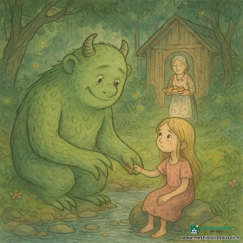 Un grand monstre doux et bienveillant, peau verte légèrement écailleuse, petites cornes arrondies et grandes mains palmées, s'agenouille au bord d'un ruisseau et tend la main vers une fillette d'environ 7 ans aux longs cheveux blonds et robe rose tachée de boue ; elle, assise sur une pierre, prend doucement sa main, regard humide mais curieux et confiance naissante. En arrière-plan, une vieille femme souriante aux cheveux gris en chignon, robe à fleurs et tablier, tient une assiette de biscuits depuis la porte d'une maisonnette en bois dans une clairière. Le bois enchanté a un feuillage dense, troncs torsadés, mousse épaisse, petites fleurs et lucioles; le ruisseau clair aux cailloux reflète la lumière dorée du crépuscule. Scène centrée sur le contact main à main et les regards, atmosphère chaleureuse, apaisante et magique.