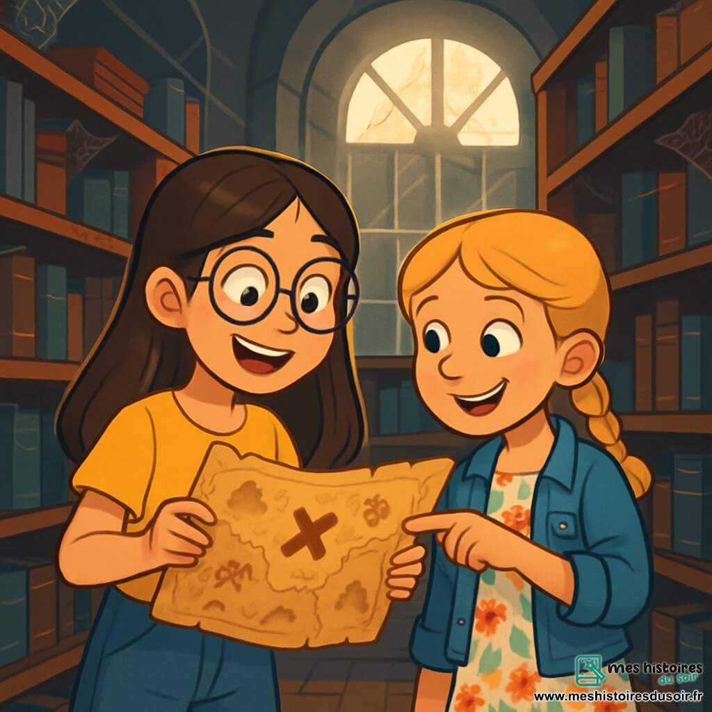 Léa, une fille de 10 ans aux longs cheveux bruns et lunettes rondes, porte un t-shirt jaune et un short en jean. Elle tient une carte ancienne, excitée. Chloé, également âgée de 10 ans, a des cheveux blonds en tresses et un sourire malicieux, vêtue d'une robe à fleurs et d'une veste en denim, elle pointe un symbole sur la carte. L'histoire se déroule dans une vieille bibliothèque municipale, poussiéreuse et mystérieuse, remplie de livres anciens. Léa et Chloé, entourées de livres oubliés, découvrent une carte mystérieuse qui les conduira vers une aventure à la recherche d'un trésor caché.