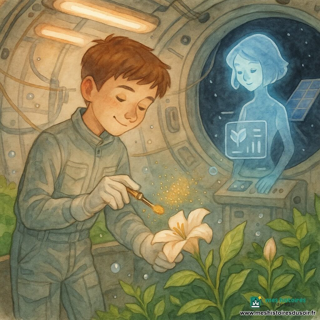 Noé, garçon d'environ 12 ans au regard concentré et sourire timide, cheveux châtains courts, portant une combinaison grise légère et gants blancs, tend délicatement un petit pinceau électrostatique doré vers le pistil d'une fleur pâle tandis que Lysa, une petite interface holographique bleue et translucide, flotte près d'une console en émettant des traits lumineux; l'action se déroule dans une serre circulaire et étroite d'un relais spatial — parois métalliques arrondies, lampes horticoles chaud-blanc, bacs verts, gouttelettes d'eau flottantes et panneaux solaires visibles par un hublot sombre — où il pollinise à la main des fleurs en apesanteur, des grains de pollen dorés formant une nuée dans une atmosphère intime mêlant la chaleur des plantes et le froid métallique de la station, empreinte de tension douce et d'espoir.