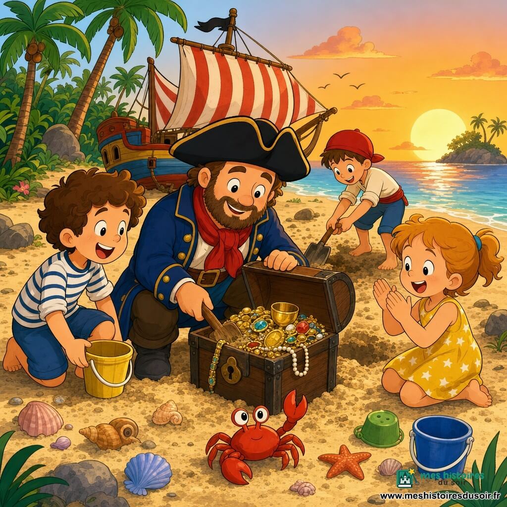 Un capitaine Paul accroupi, visage rond, petite barbe brune, grand tricorne noir, veste bleue et écharpe rouge, souriant, ouvre un coffre avec une petite pelle en bois; à sa gauche un jeune mousse d'environ 8 ans aux cheveux bouclés châtains en marinière blanche et bleue rit en tenant un seau jaune; à droite une fillette de 6 ans en robe jaune à étoiles applaudit; un autre garçon d'environ 9 ans en casquette rouge creuse près du coffre; un petit crabe rouge curieux se trouve sur le sable; scène sur la plage d'une île ronde avec palmiers, bateau en bois aux voiles rayées échoué, coquillages et seau éparpillés; ambiance au coucher du soleil, lumière chaude orange, visages lumineux, formes simples et couleurs saturées, atmosphère gaie et rassurante.