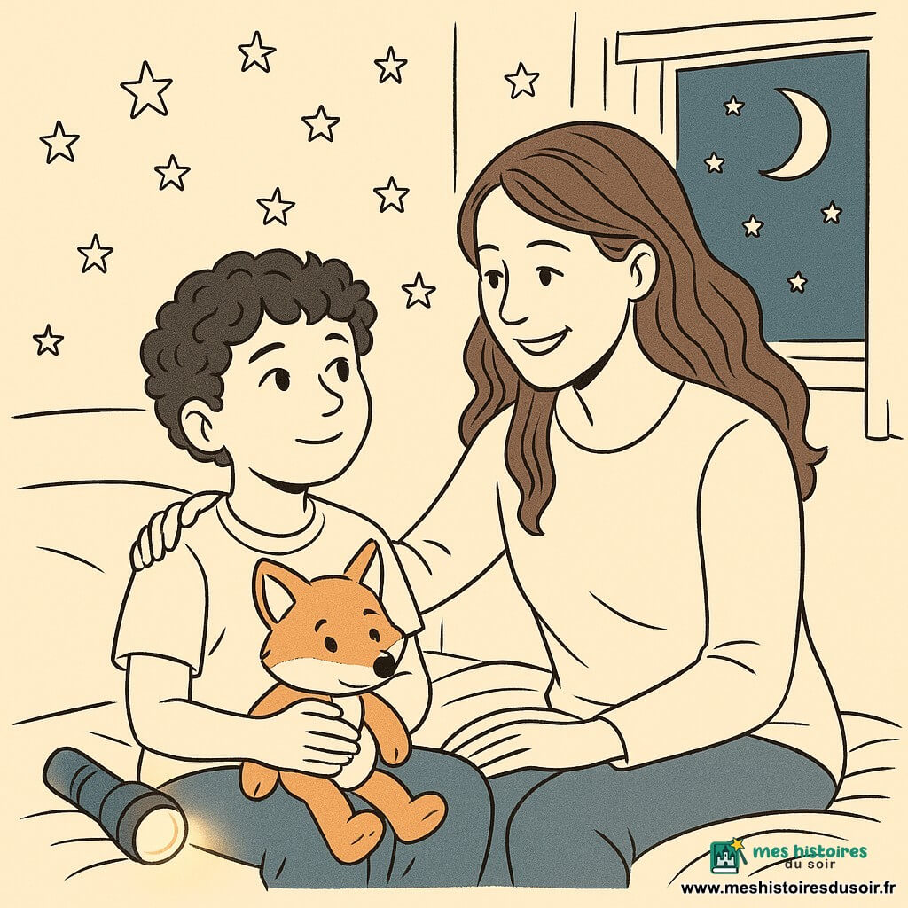 Léo, un garçon de 8 ans aux cheveux bouclés et aux yeux curieux, est assis sur son lit, serrant une peluche renard. Il a un regard attentif et rassuré, éclairé par la douce lueur de sa lampe-torche. Sa maman, une femme souriante d'une trentaine d'années aux cheveux longs, est assise à côté de lui, une main sur son épaule. La chambre de Léo est accueillante, avec des murs ornés d'étoiles phosphorescentes et une fenêtre laissant entrer la lumière de la lune. La scène illustre un moment de complicité et de réconfort, où la peur du noir se transforme en une aventure nocturne apaisante.