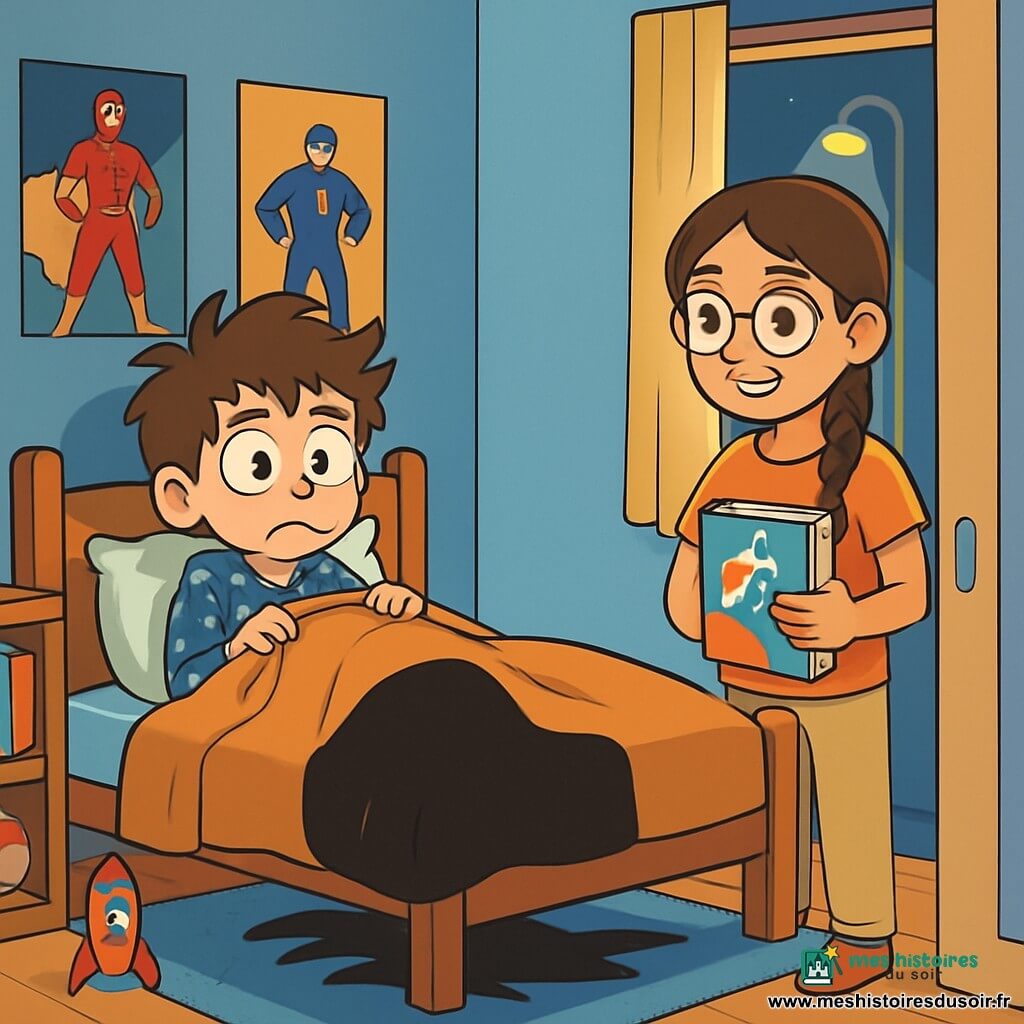Un garçon de 10 ans, avec des cheveux en bataille et un sourire malicieux, est allongé sur son lit, les yeux écarquillés et le visage marqué par une légère inquiétude. Il porte un pyjama bleu avec des étoiles blanches, ses mains crispées sur sa couette. À côté, une ombre mystérieuse se dessine sous le lit, projetée par la lumière d’un lampadaire. Sa voisine, Maëlle, une fille de 10 ans avec des cheveux bruns tressés et des lunettes rondes, se tient à l’entrée de la chambre, souriante et tenant un livre coloré. Elle est là pour l’encourager, prête à partager ses astuces pour surmonter la peur. La chambre est décorée de posters de super-héros et de jouets, avec des murs peints en bleu clair et un tapis moelleux au sol. Le garçon, hésitant mais déterminé, se prépare à affronter l’ombre sous son lit, tandis que Maëlle l’encourage avec soutien. L’atmosphère est à la fois tendue et chaleureuse, illustrant la lutte contre la peur de manière douce et encourageante.