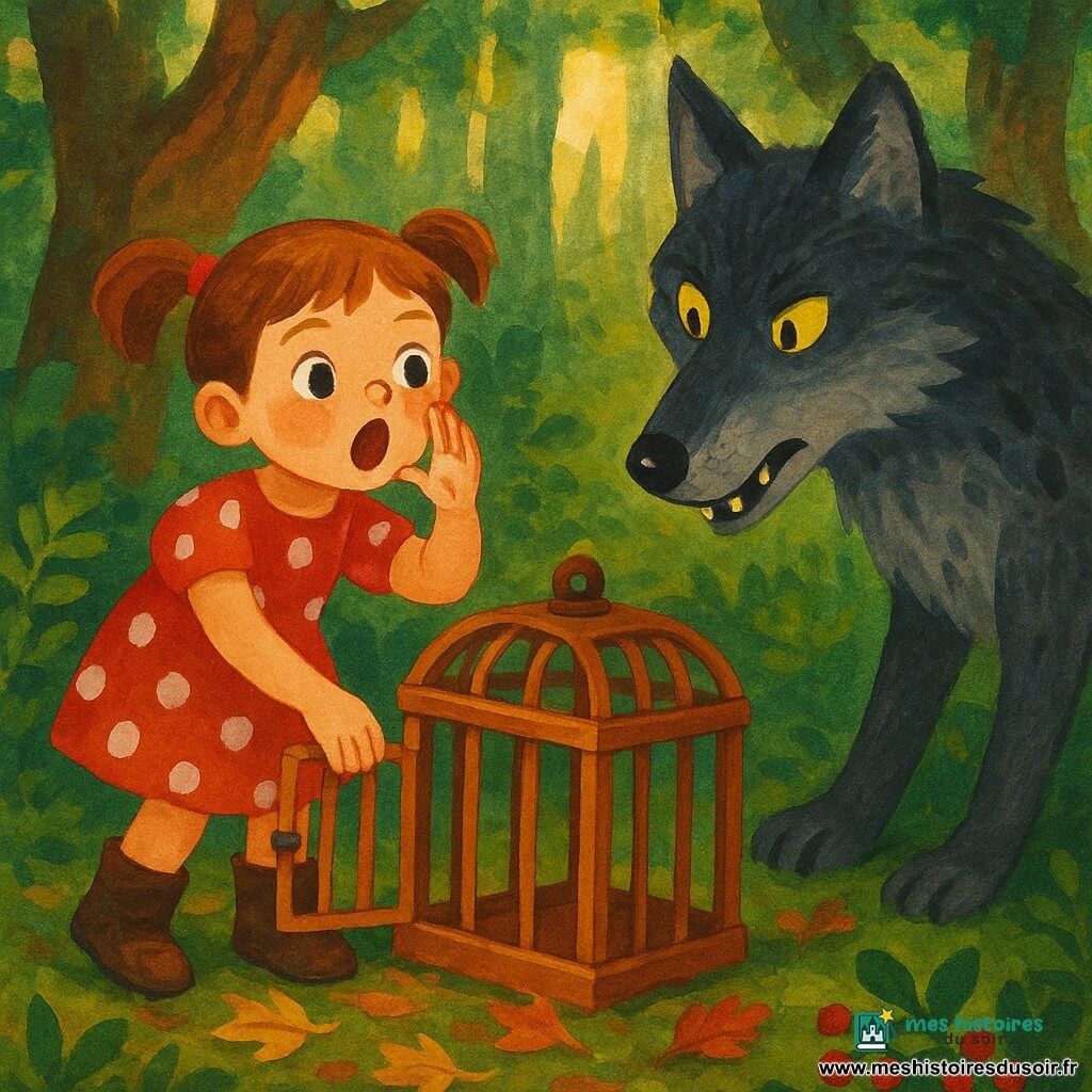 Lila, 6 ans, apeurée mais volontaire, cheveux châtain en couettes, robe rouge à pois blancs et bottines boueuses, imite le cri d’un renard en poussant la porte d’une petite cage en bois tandis qu’un grand méchant loup gris foncé aux yeux jaunes et crocs visibles, l’air surpris, penche la tête pour ouvrir le loquet ; pas de grand-mère ; forêt dense au sol mousseux avec fougères et buissons de baies rouges, troncs noueux et rayons dorés ; scène d’évasion tendue mais non violente, couleurs chaudes contrastées d’ombres bleutées ; style gouache pour enfants, traits doux, textures visibles, palette rouge/vert/gris, composition centrée.