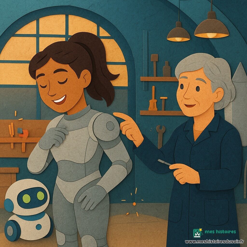 Lina, souriante et concentrée, cheveux bruns en queue de cheval, porte une combinaison spatiale argentée moulante et ajuste une attache d'épaule gantée ; Milo, petit robot à roulettes blanc et bleu aux lentilles vertes, roule près d'elle par curiosité ; Noor, femme d'environ 55 ans aux cheveux argentés courts en blouse d'atelier bleu foncé, lui montre un petit outil. L'atelier est un grand hangar rond sous dôme de verre avec murs métalliques, établis en bois, lampes suspendues et un mini-vaisseau argenté en arrière-plan; ambiance chaleureuse aux couleurs pastel contrastées (bleu pétrole, argent, jaune), textures superposées, ombres douces et détails mécaniques.