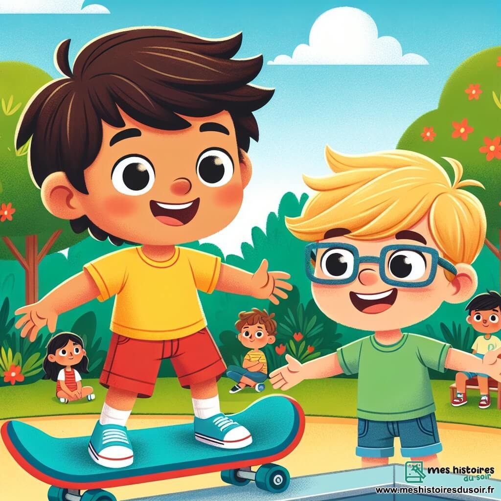 Max, un petit garçon de 4 ans avec des cheveux bruns en bataille et un grand sourire, est debout sur un skateboard bleu vif, prêt à faire son premier saut. À ses côtés, Lucas, un garçon de 6 ans aux cheveux blonds et lunettes, l'encourage avec un sourire. Lucas porte un t-shirt vert et un short bleu, et se tient sur un skateboard rouge, prêt à montrer des figures. En arrière-plan, le parc est rempli d'arbres, de fleurs et d'enfants curieux. La scène se déroule sur une rampe de skateboard, dans une ambiance joyeuse.