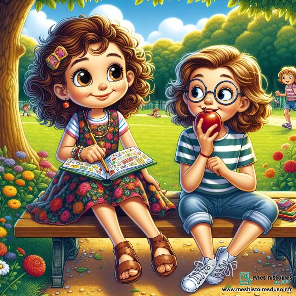 Au centre de l'image, Sophie, une fille de 11 ans aux cheveux châtains bouclés et aux grands yeux curieux, est assise sur un banc de parc, souriante et timide. Elle porte une robe à fleurs colorées et tient un carnet ouvert sur ses genoux. À côté d'elle, Emma, également âgée de 11 ans, avec des cheveux blonds lisses et des lunettes rondes, croque dans une pomme rouge. Le parc est verdoyant, avec des arbres aux feuilles dorées et des enfants jouant au frisbee au loin. Sophie et Emma discutent de l'importance de dire la vérité, entourées de bulles de dialogue colorées, créant une atmosphère joyeuse et pleine d'espoir.