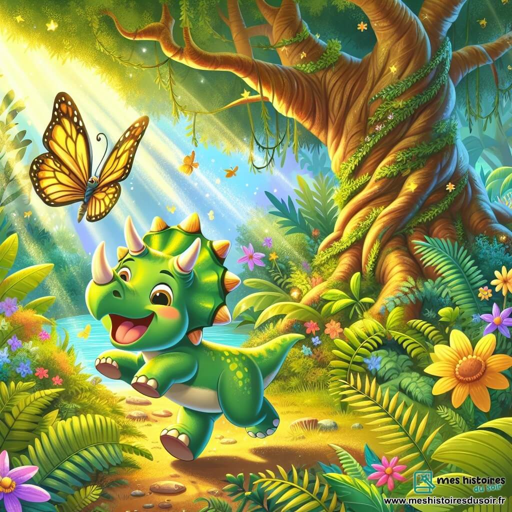 Un tricératops nommé Titi, avec une peau verte brillante et trois cornes colorées, exprime sa joie en courant dans la jungle. Ses yeux pétillent d'excitation alors qu'il suit un papillon aux ailes dorées qui tourbillonne autour de lui. La jungle est luxuriante, avec des arbres aux feuilles dorées et des fleurs éclatantes. Des rayons de soleil illuminent le sol recouvert de fougères. Titi joue et rit, tandis que le papillon l'invite à découvrir un arbre magique. L'ambiance est joyeuse et pleine de vie, illustrant un moment de découverte et d'amitié dans un monde préhistorique enchanteur.