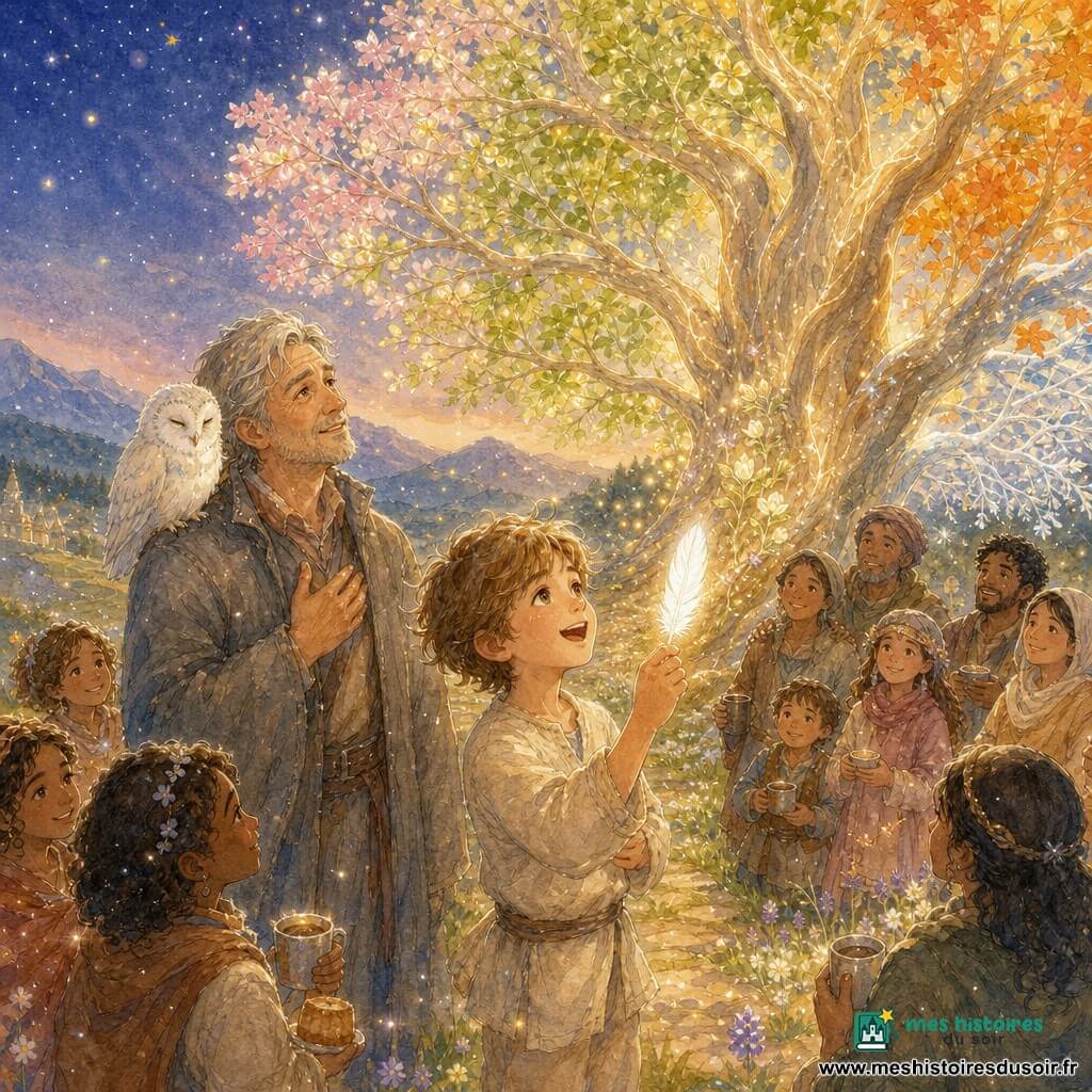 Un jeune homme souriant aux cheveux châtain clair en mèches, yeux noisette, vêtu de lin crème, tient une plume blanche lumineuse et chante face à un immense Arbre des Saisons au tronc lumineux; un homme d'environ 50 ans au manteau gris, visage ridé mais serein, main sur le cœur, le regarde légèrement en retrait avec une petite chouette blanche posée sur son épaule; des villageois — enfants et adultes — forment un cercle en tenant tasses et gâteaux; la scène se déroule dans une vallée d'herbes vert tendre et fleurs pastel, une route dorée mène à l'arbre aux branches mêlant toutes les saisons sous un ciel crépusculaire étoilé, tandis que la plume fait briller de petits bourgeons et ravive les couleurs, créant une atmosphère chaleureuse et magique.