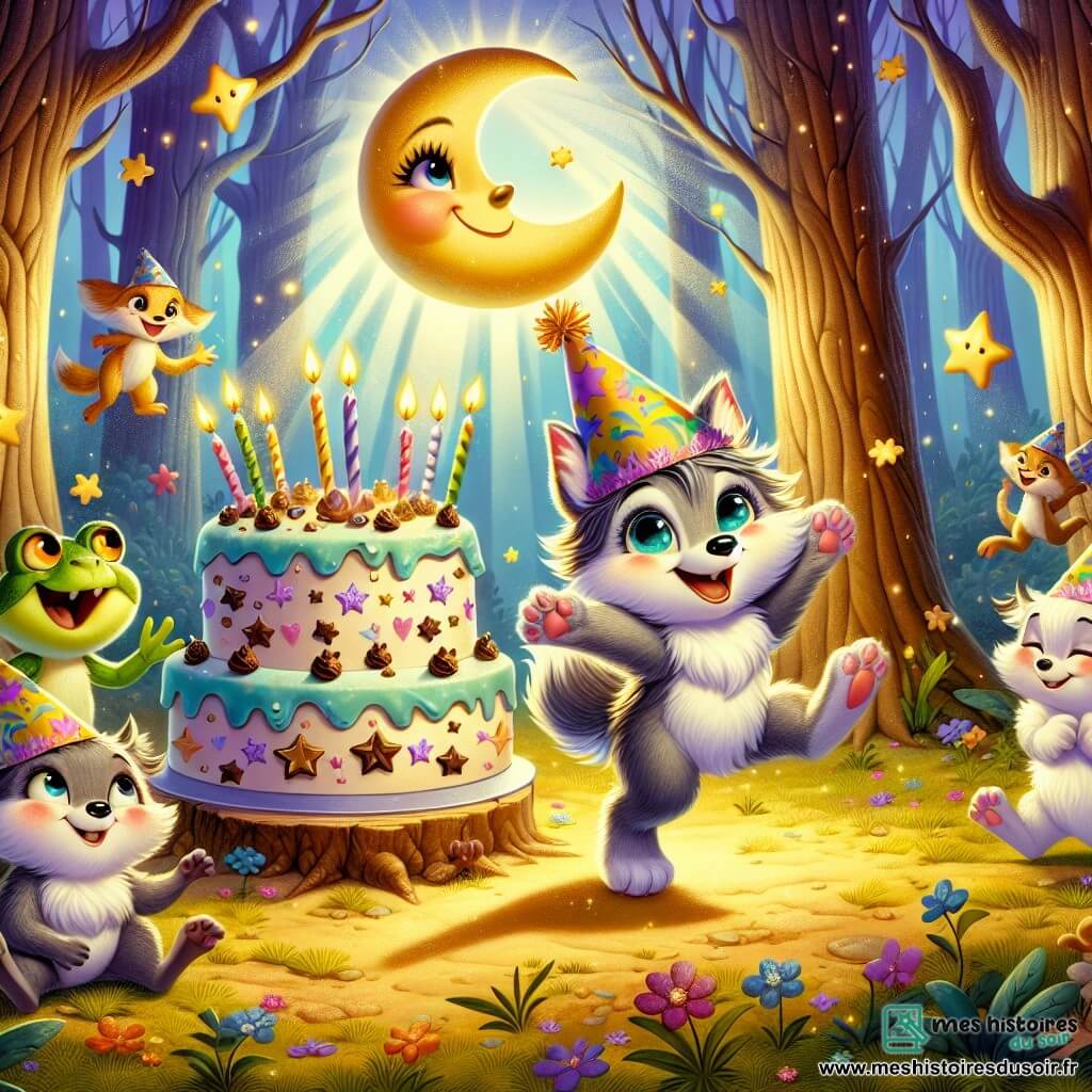 Loulou, un petit loup aux poils gris et doux, danse autour d'un gâteau d'anniversaire en forme de lune, décoré d'étoiles en chocolat. Il porte un chapeau coloré en papier avec des bougies et affiche un sourire rayonnant. À ses côtés, Gina la grenouille saute de joie, tandis qu'Hugues le hérisson, caché derrière un arbre, rit malicieusement. La scène se déroule dans une forêt enchantée, baignée de lumière dorée, avec des arbres majestueux et des fleurs colorées. Loulou célèbre son anniversaire entouré de ses amis, créant une ambiance joyeuse et festive.