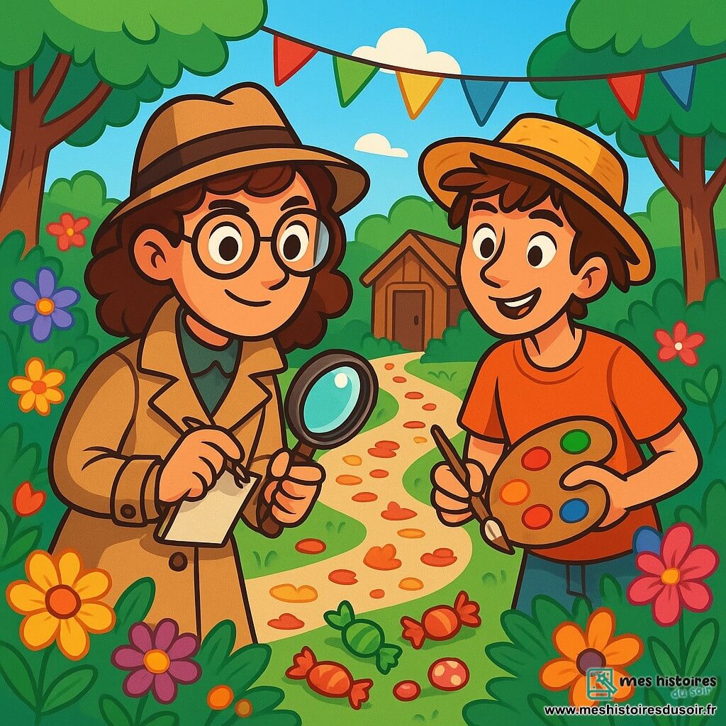 Camille, une détective d'une trentaine d'années, se tient au centre de la scène avec des cheveux châtains bouclés, des lunettes rondes et un sourire déterminé. Elle porte un trench-coat beige et tient un carnet, observant attentivement les alentours. À ses côtés, Jacques, un jeune homme de 25 ans avec un chapeau de paille, a des cheveux bruns en bataille et un sourire malicieux. Il tient une palette de peinture, prêt à capturer l'instant. Ils se trouvent dans un jardin coloré, rempli de fleurs éclatantes et de guirlandes de papier, avec une petite cabane en bois en arrière-plan. Camille et Jacques examinent des indices avec concentration, entourés de bonbons colorés et de décorations de fête, alors qu'ils cherchent à résoudre le mystère de la disparition de Madame Lefevre.