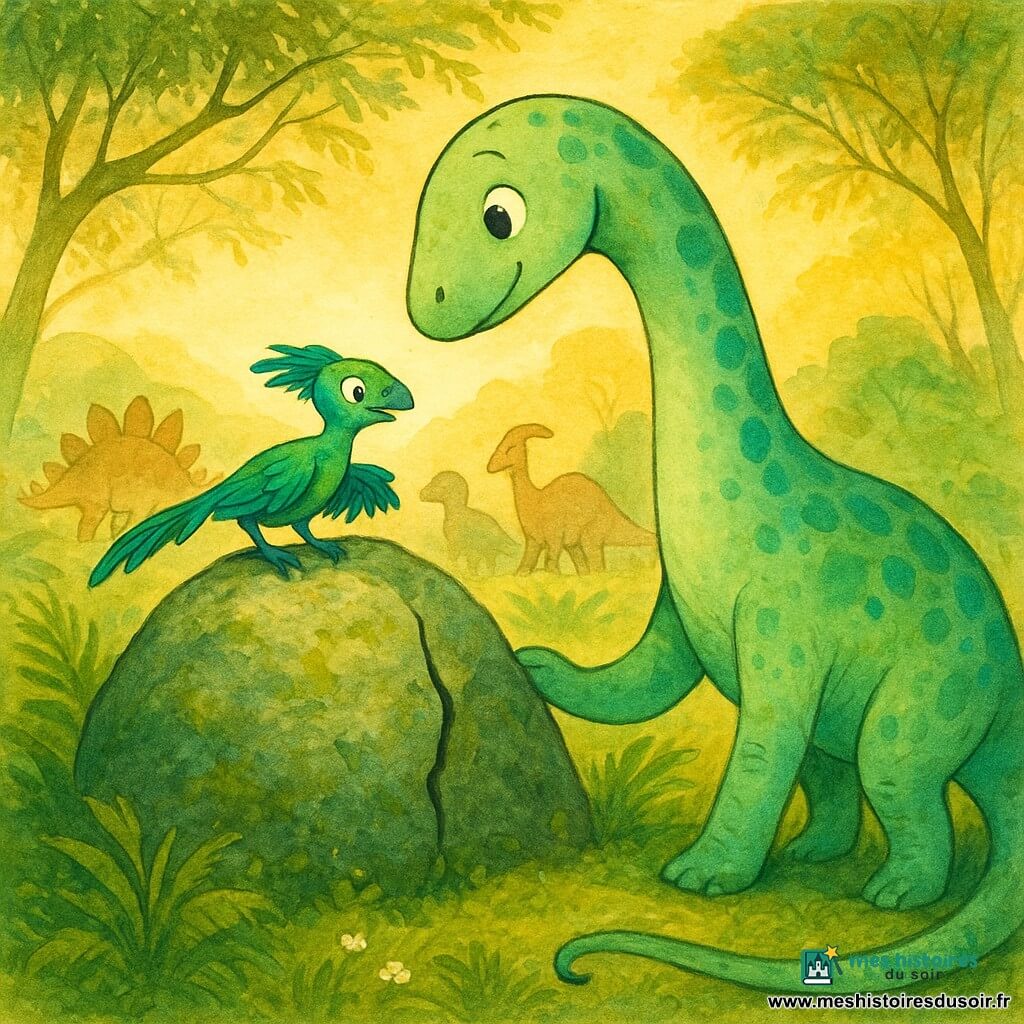 Luma, un grand diplodocus féminin au regard curieux et doux, peau vert pâle tachetée bleu‑vert, cou très long et queue fine enroulée, penche la tête et pose une patte sur la mousse pour écouter une fissure dans un gros rocher ; Piko, petit microraptor fier et excité au plumage vert turquoise, ailes courtes déployées, perché près de la fissure, oreille contre la pierre ; en arrière‑plan, silhouettes amicales de stégosaures et parasaurolophus formant un demi‑cercle à distance respectueuse ; lieu : vallée des vents avec herbes ondulantes, fougères géantes, arbres aux branches pliées par le souffle, rocher en dôme couvert de mousse et petites fleurs, lumière dorée du matin ; situation : moment calme et musical où le vent s’engouffre dans la fissure et crée un grondement mélodieux, Luma et Piko écoutant, visages émerveillés, atmosphère paisible et magique.