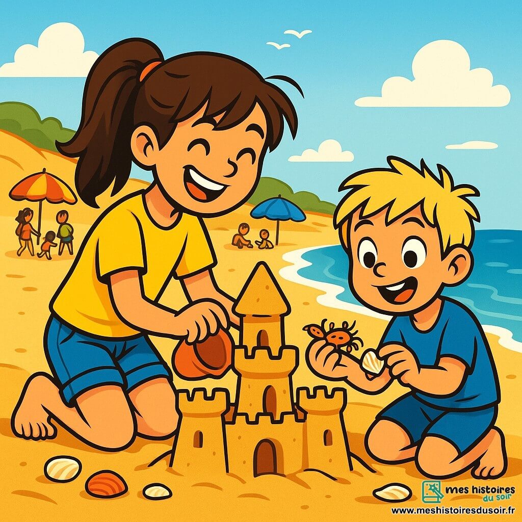Zoé, 10 ans, a de longs cheveux bruns en queue de cheval et un grand sourire. Elle porte un t-shirt jaune et un short en jean, construisant un château de sable sur la plage. À côté, son petit frère Hugo, 6 ans, avec des cheveux blonds en bataille et une tenue de baignade bleue, ramasse des coquillages et montre un petit crabe. En arrière-plan, la plage est animée avec des dunes de sable, des parasols colorés et des familles jouant. Ils créent ensemble un château de sable, entourés de rires et de l'odeur de la mer, capturant l'esprit joyeux des vacances d'été.