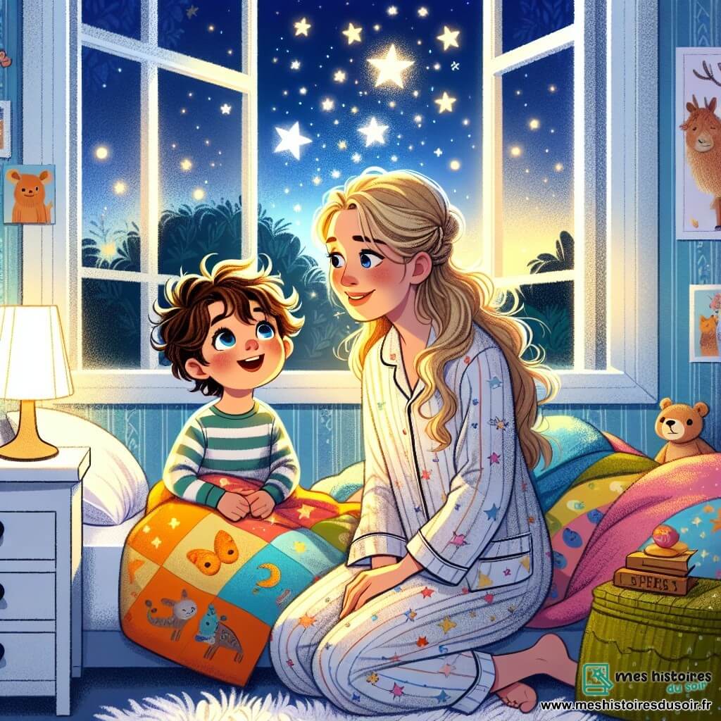 Un petit garçon de 2 ans, Lucas, avec de grands yeux curieux et des cheveux bruns en désordre, est assis sur son lit, entouré de couvertures colorées, émerveillé par les étoiles qui brillent dans le ciel nocturne. Sa maman, une femme d'une trentaine d'années aux cheveux longs et blonds, se tient à côté de lui, souriante, tenant une lampe de chevet diffusant une lumière douce. La chambre, décorée de murs bleu clair et de posters d'animaux, crée une ambiance magique. Lucas, fasciné par les étoiles, écoute sa maman lui expliquer que le noir peut être beau, transformant ainsi sa peur en une aventure pleine de découvertes.